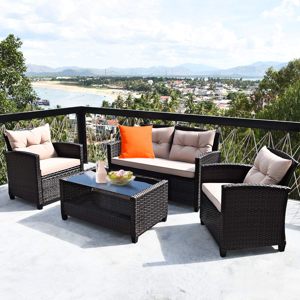 Tangkula 4-Piece Outdoor Patio Furniture Set - Rattan Wicker Chair Set with 1 Loveseat, 2 Single Sofas & Tempered Glass Coffee Table - Perfect for Backyard, Porch, Garden, Poolside & Outdoor Entertaining