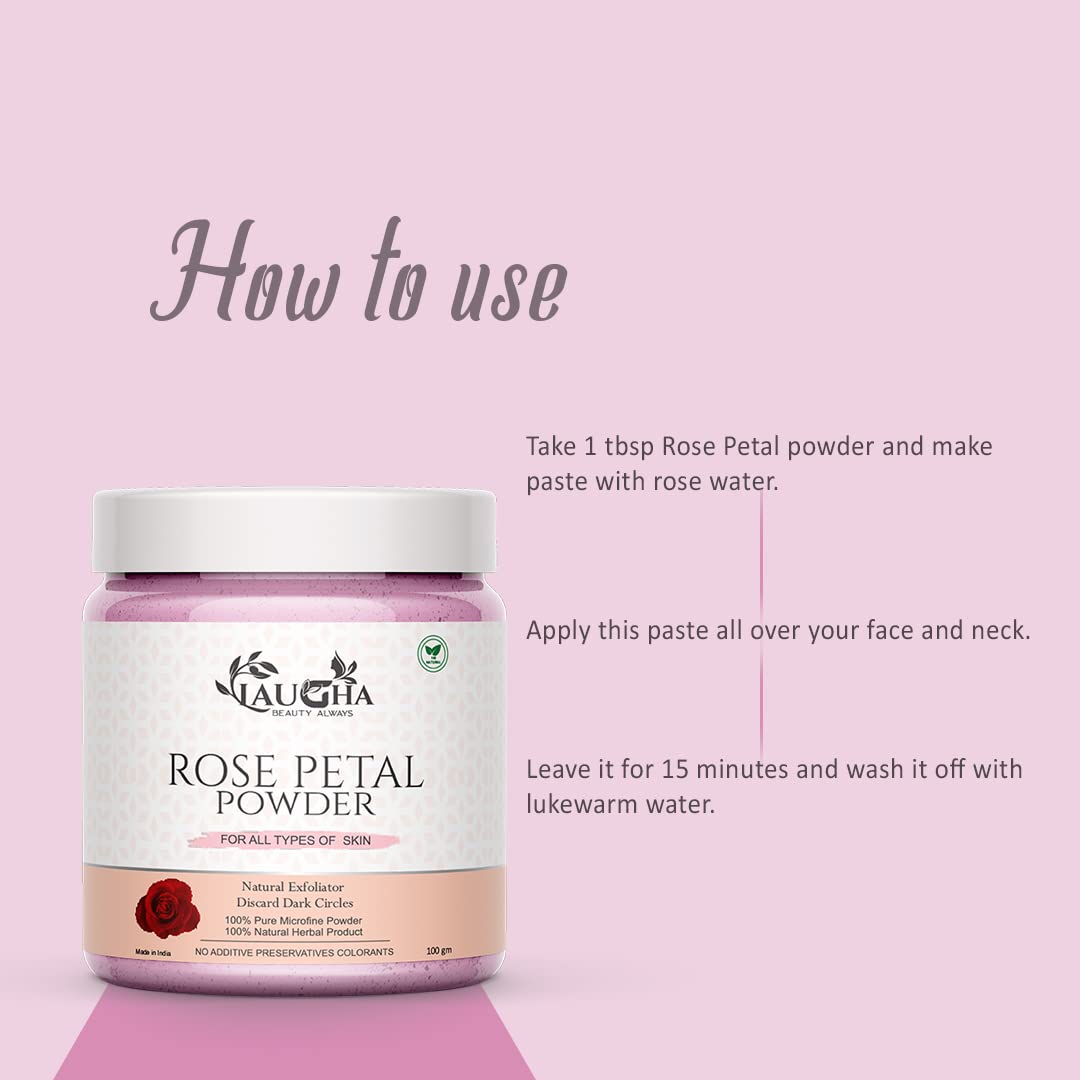 Laugha Natural & Organic Rose Petal Powder for Brightening & Glowing Skin - 100g Face Mask | Chemical-Free, Vegan Skincare for Dry & Sensitive Skin | Perfect for DIY Facials, Spa Days & At-Home Beauty Treatments