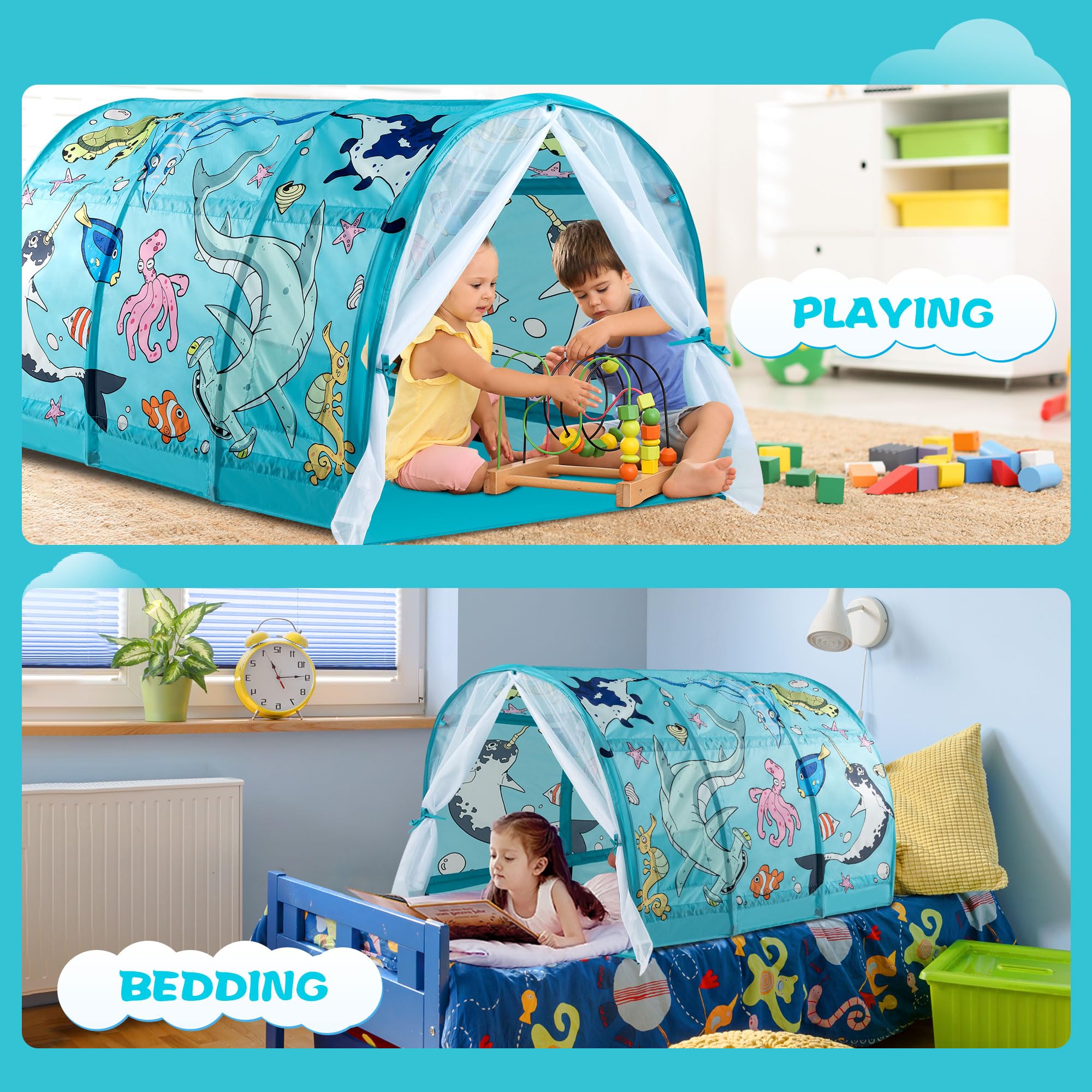 Kids Bed Tent with LED Strip Lights - Foldable Playhouse for Toddlers, Boys & Girls - Light Blue Ocean Design for Sleepovers, Indoor Camping & Playtime Fun