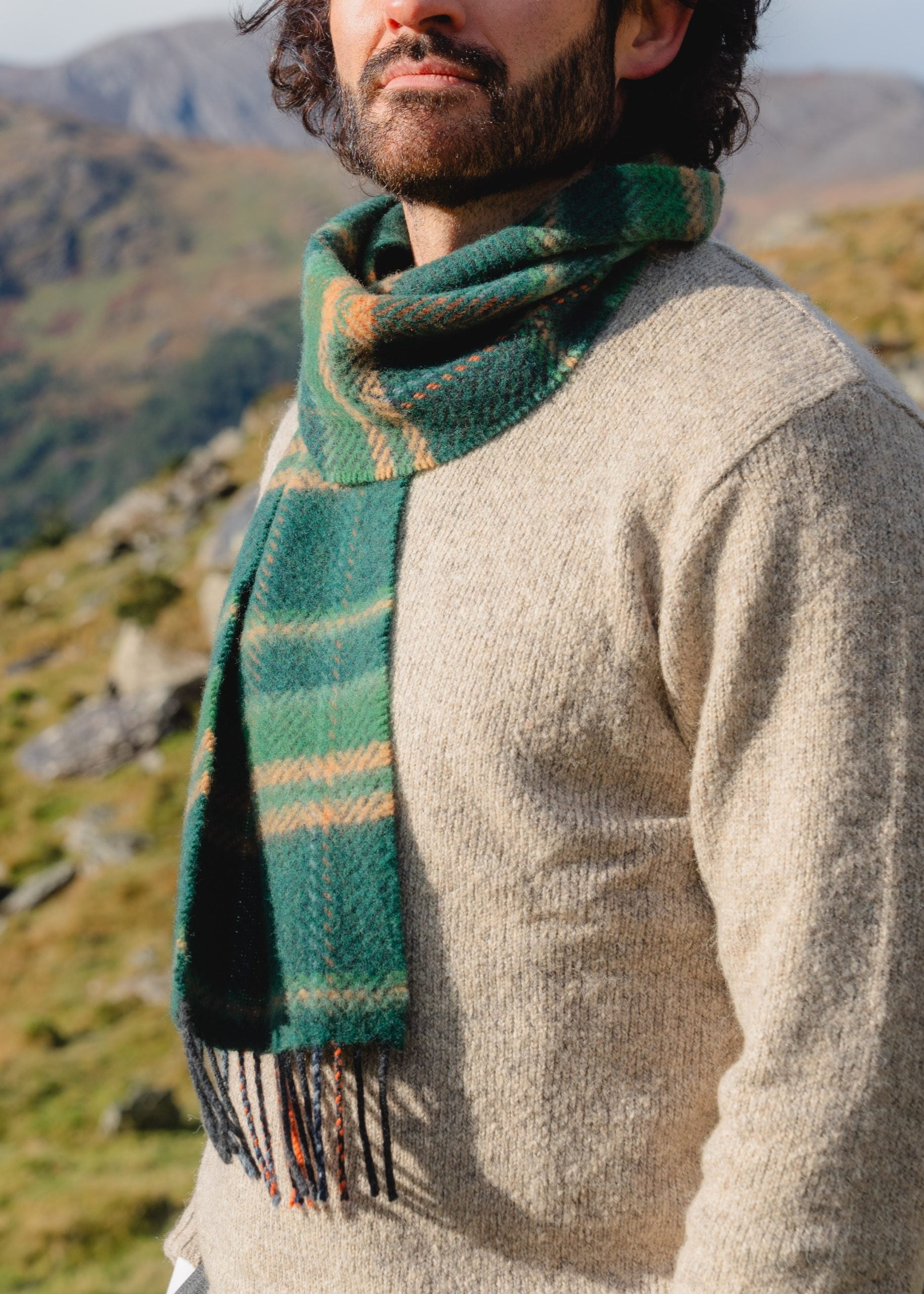 Luxury Cashmere Merino Wool Scarf - Soft Green Beige Checkered Pattern for Women & Men | Perfect for Winter Warmth, Office Style & Outdoor Activities