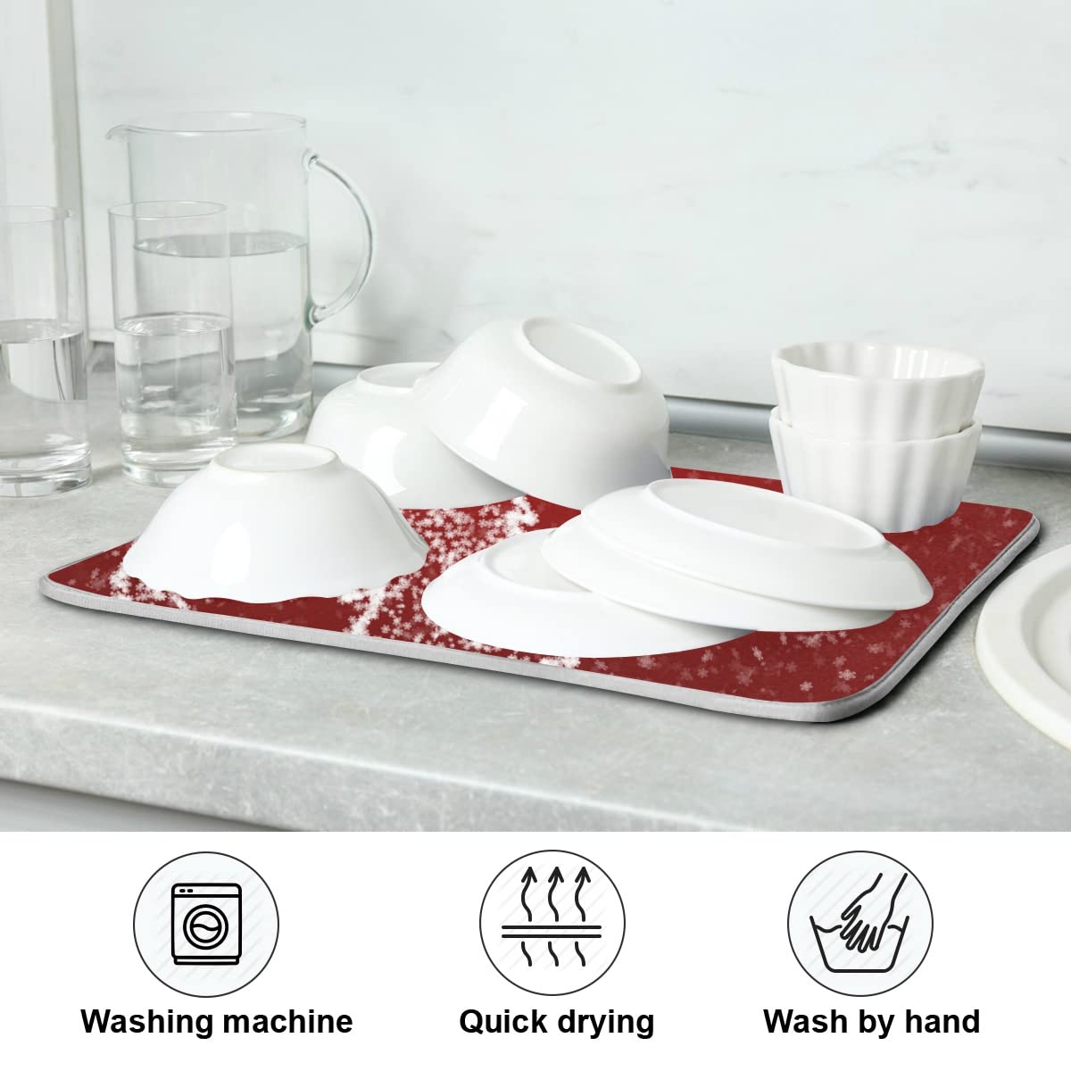 EZOLA White Christmas Tree Snowflakes Red Dish Drying Mat - Reversible Kitchen Counter Absorbent Fast Dry Pad (16x18 Inches) - Perfect for Holiday Decor & Dish Drainage