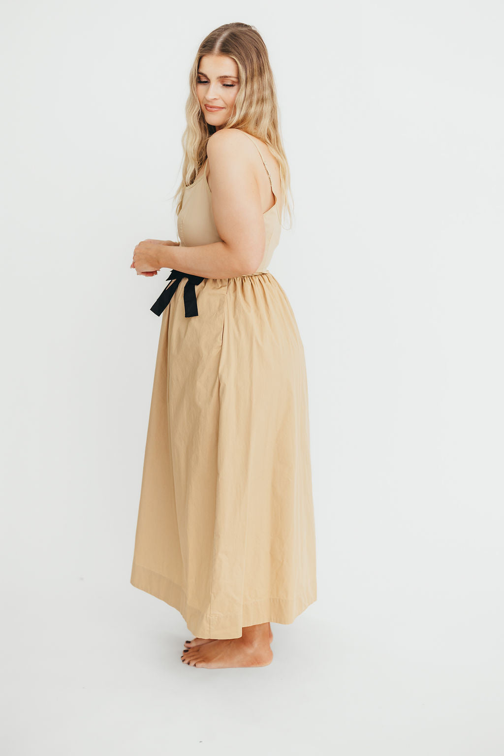 Celeste Square Neck Midi Dress with Bow Detail in Khaki - Elegant Women's Summer Dress for Weddings, Parties & Date Nights