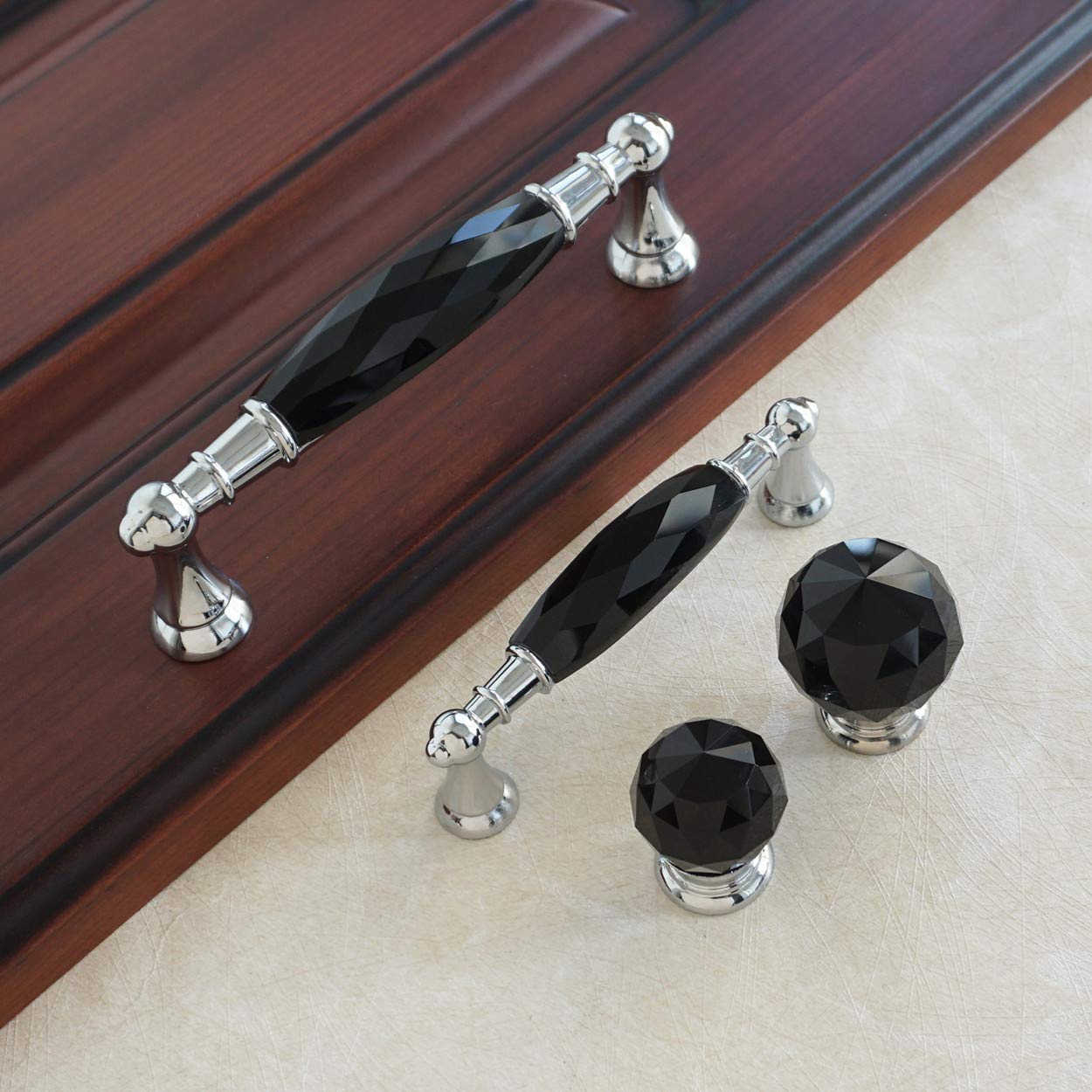 2Pcs Black Crystal Drawer Knobs - 3.75 Inch (96mm) Glass Cabinet Pulls for Kitchen, Dresser & Cupboard - Elegant Black Hardware Handles (3.75