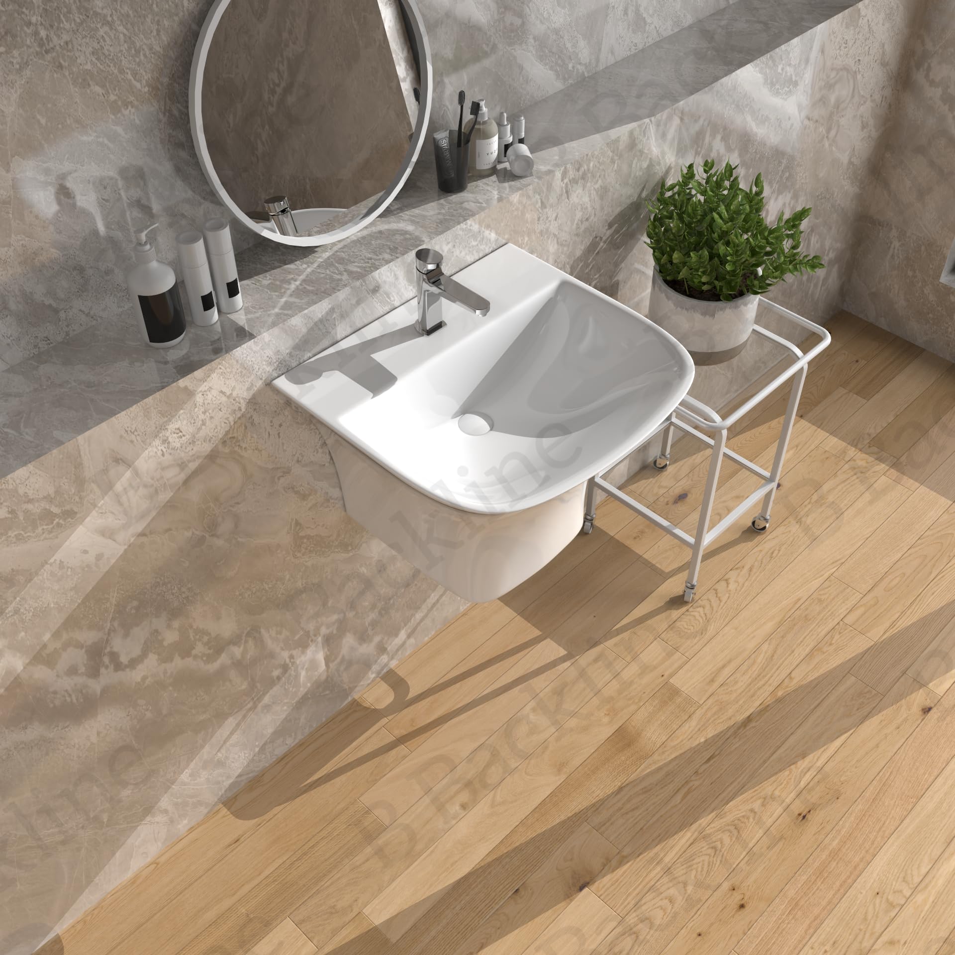 B BACKLINE 19 x 17 x 13 Inch White Ceramic Wall Mount Vessel Sink - Modern Half Pedestal Bathroom Basin for Vanity, Powder Room & Guest Bath - Easy to Clean Wall Hung Wash Basin for Contemporary Homes
