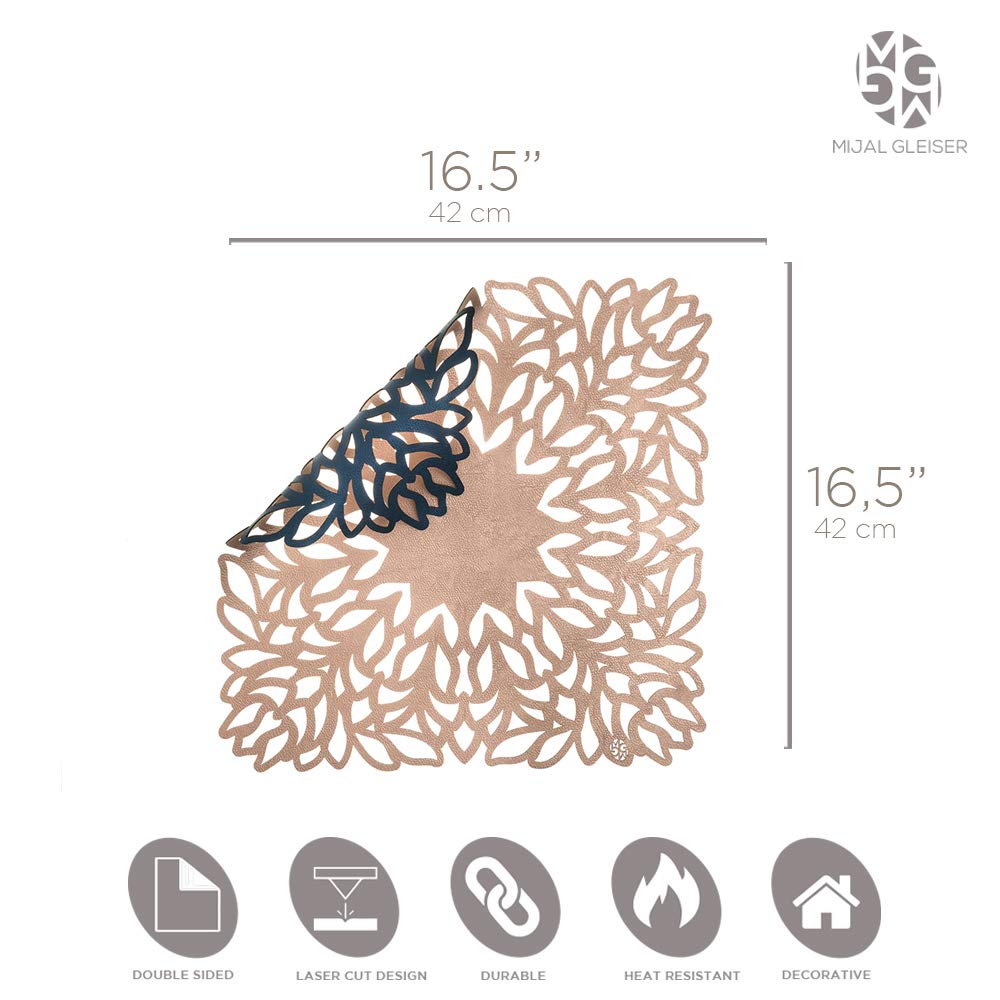 Mijal Gleiser Double Sided Placemats Set of 4 - Laser Cut Heat Resistant & Non Slip Stain Resistant Table Mats - Sea Flower Collection Navy Blue & Rose Gold - Perfect for Dining Table, Kitchen, Party Decor, and Gift Giving