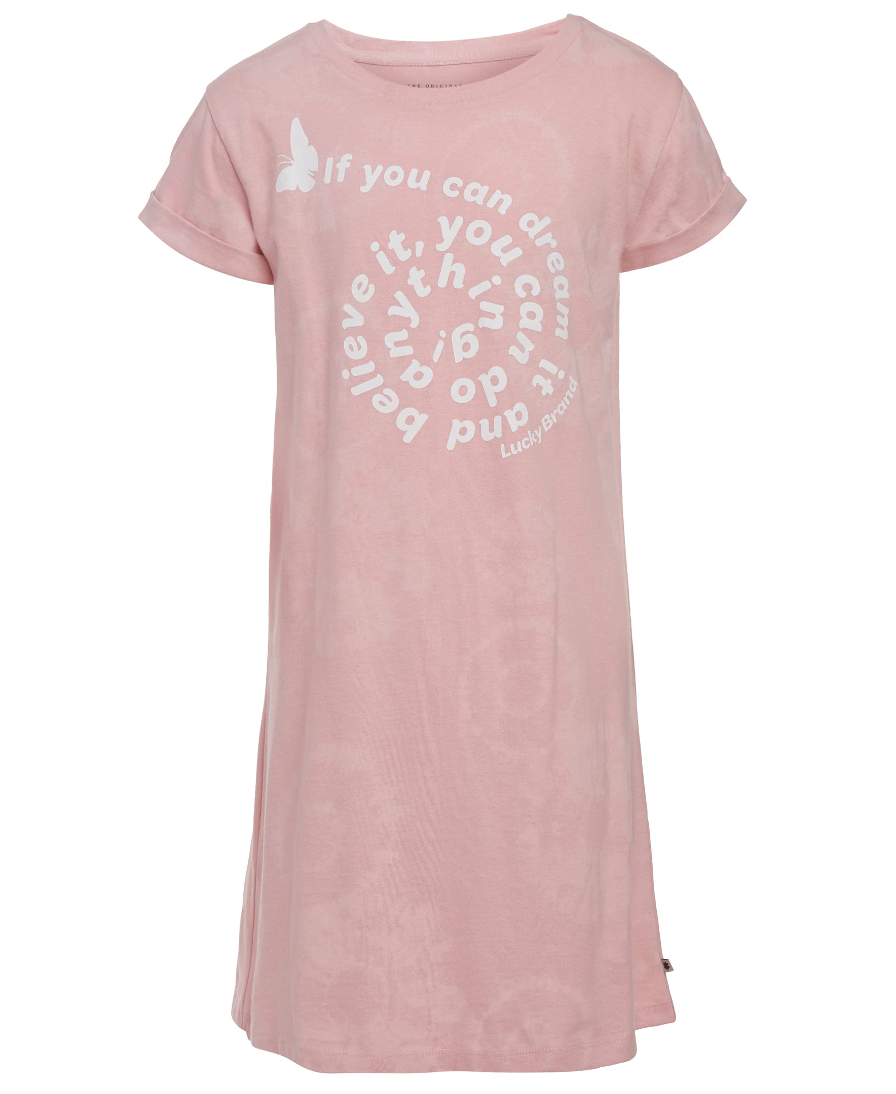 Lucky Brand Girls' Short Sleeve Cotton T-Shirt Dress - Soft Relaxed Fit Tagless Comfort, Pink Swirl Print, Size 7 | Perfect for Playdates, Summer Outfits & Casual Wear