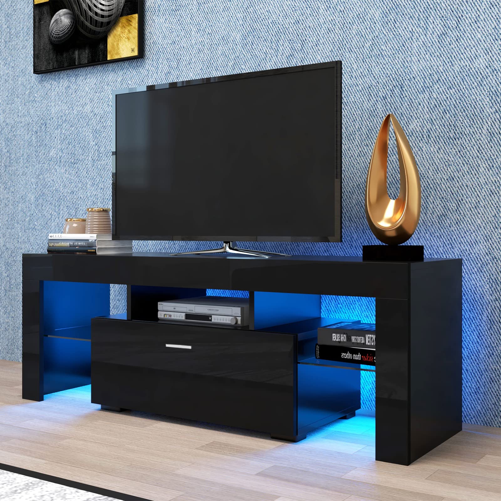 Modern LED TV Stand with Storage - 16 Color Changing Lights, High Gloss Entertainment Center for 50-55 Inch TVs - Quick 30 Minute Assembly - Perfect for Living Room & Bedroom (Black) - Ideal for Movie Nights & Gaming Setup