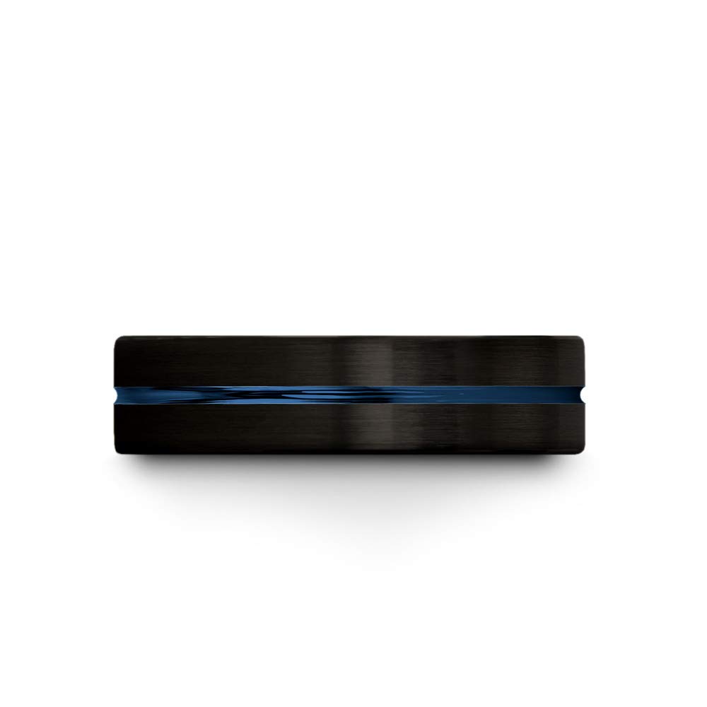 Tungsten Carbide Wedding Band Ring for Men & Women - 6mm Blue & Black Center Line, Flat Cut, Brushed & Polished Finish - Custom Engraved for Anniversary & Engagement - Perfect for Everyday Wear & Special Occasions