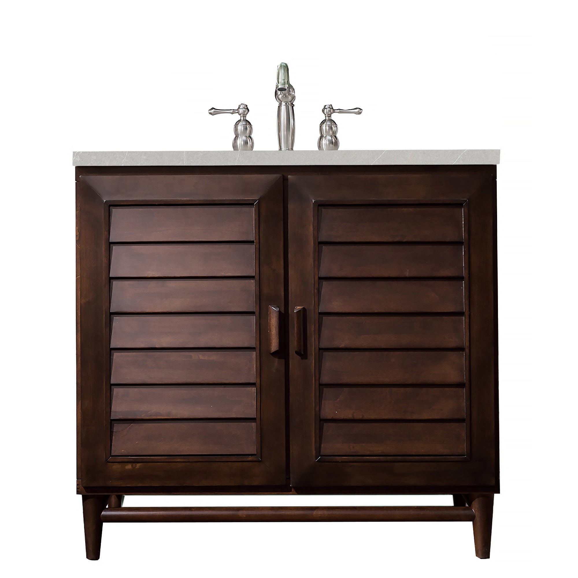 Portland 36 Inch Single Bathroom Vanity with Burnished Mahogany Finish & 3CM Eternal Serena Quartz Countertop - Perfect for Modern Home Bathroom Remodeling and Space-Saving Design