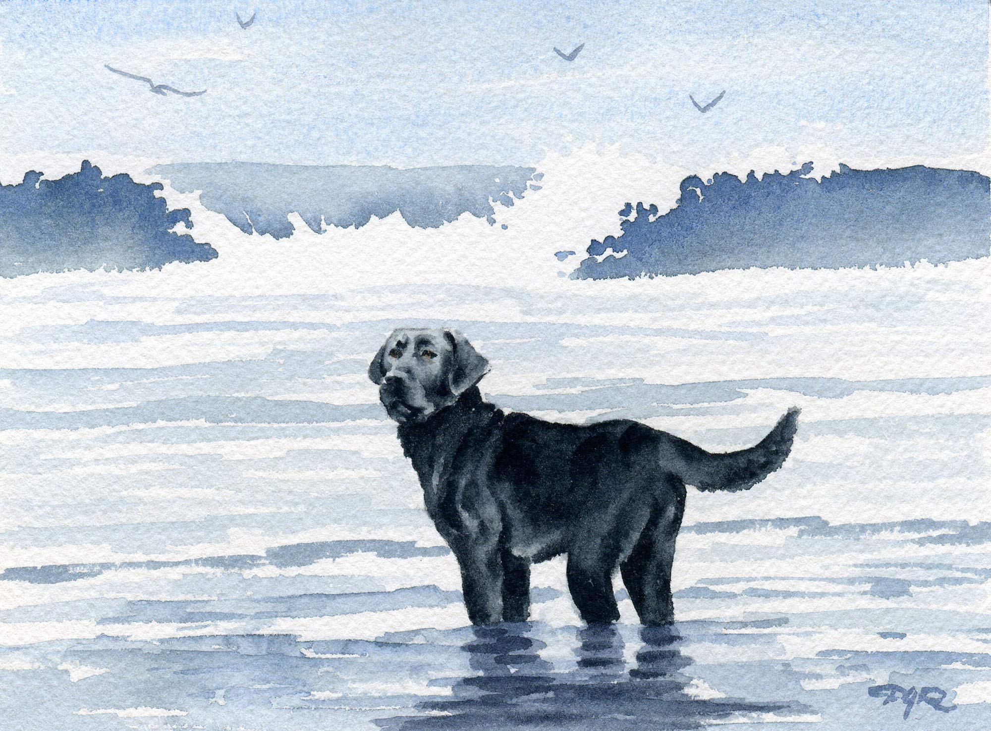 Black Lab at The Beach Watercolor Art Print by DJ Rogers - Oversized Wall Decor for Living Room, Bedroom & Office