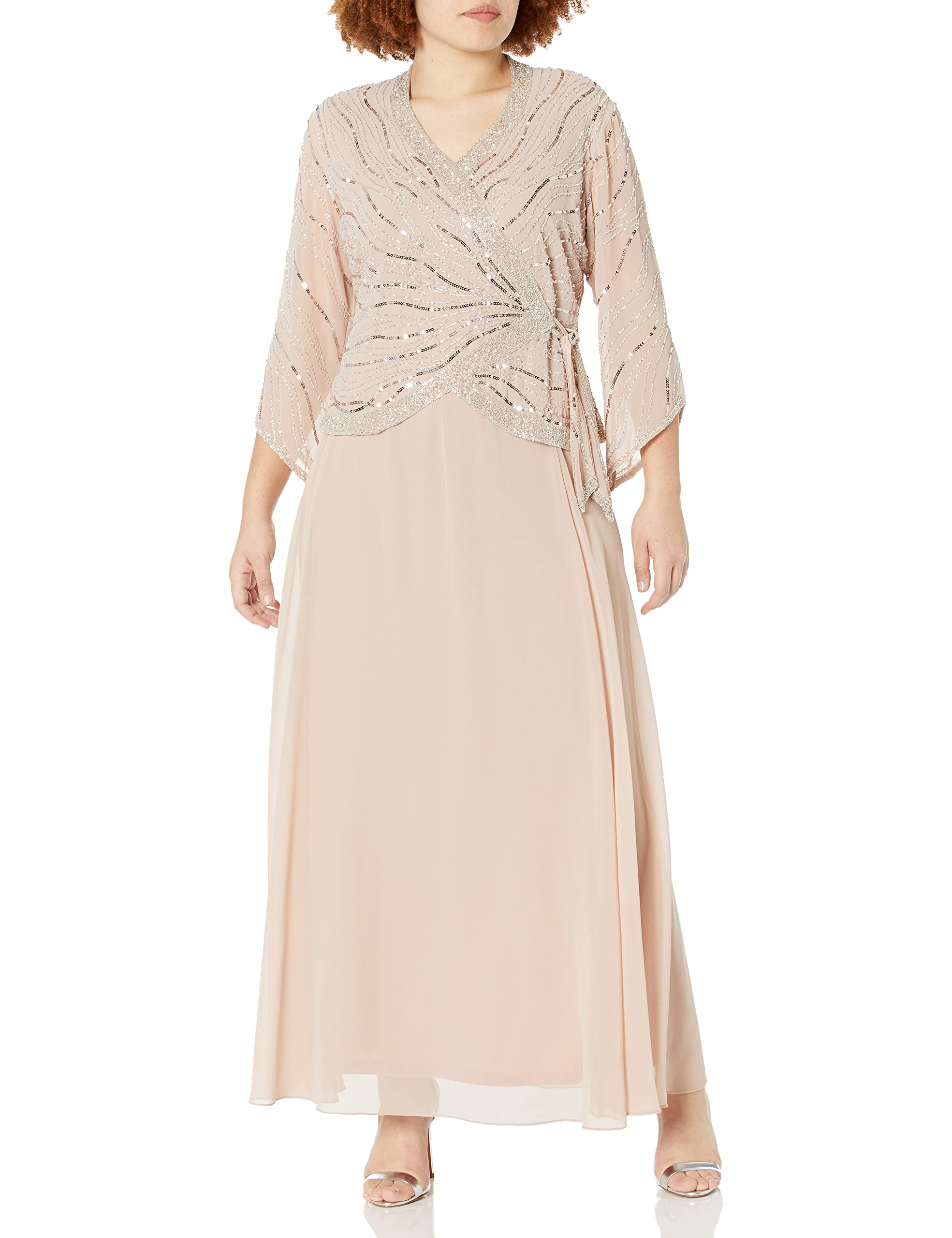 J Kara Women's Plus Size Long 3/4 Sleeve V-Neck Beaded Faux Wrap Dress - Elegant Formal Attire for Weddings, Parties & Special Occasions