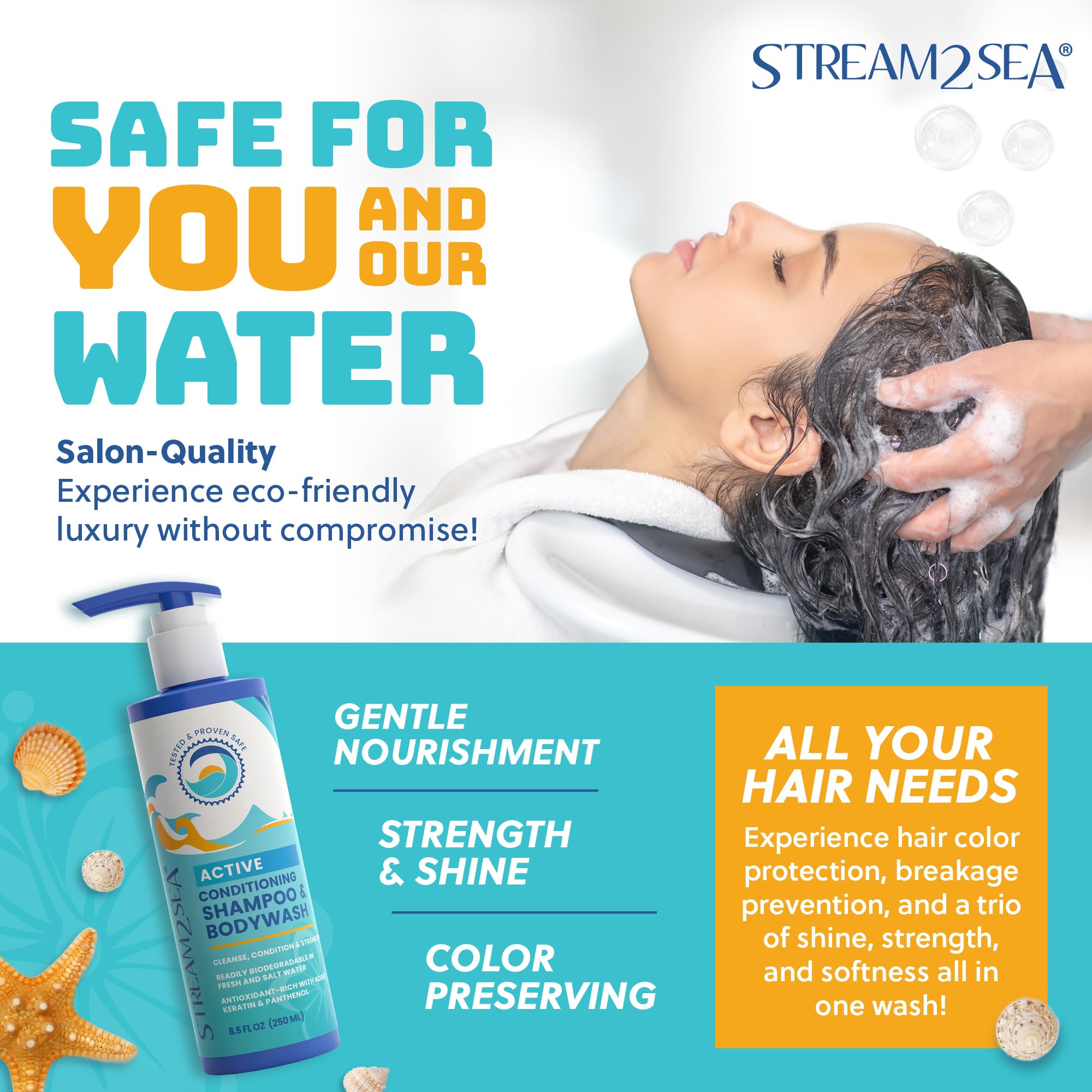 STREAM 2 SEA Ultimate Hair Care Combo - Natural UV Absorbent Conditioner & Shampoo | 3-in-1 Paraben-Free, Sulfate-Free Formula | 6oz Leave-in Conditioner + 8oz Conditioning Shampoo & Body Wash | Perfect for Beach, Pool & Outdoor Activities