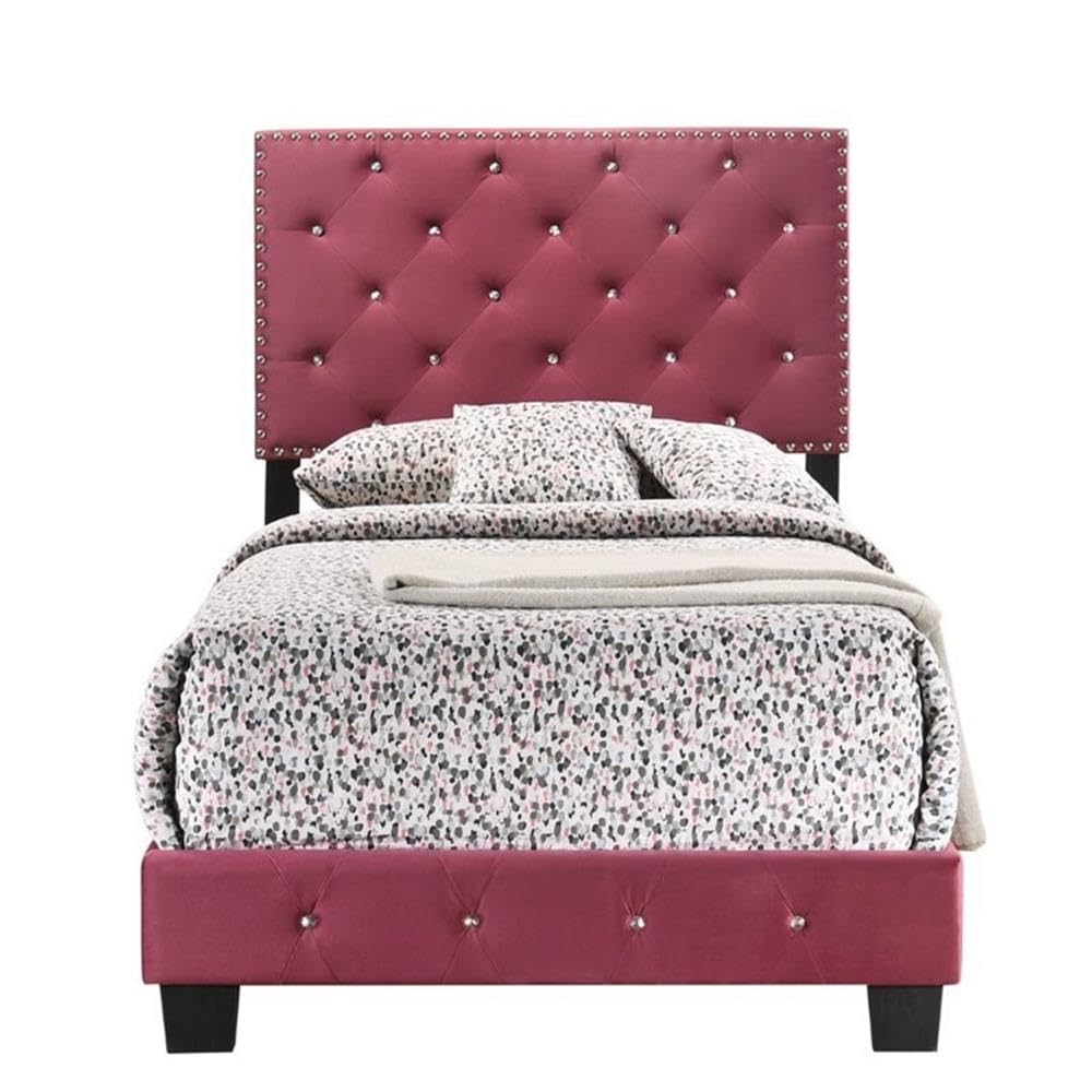 Glory Furniture Suffolk Velvet Upholstered Twin Bed Frame with Cherry Finish - Perfect for Kids' Bedroom, Guest Room & Small Spaces