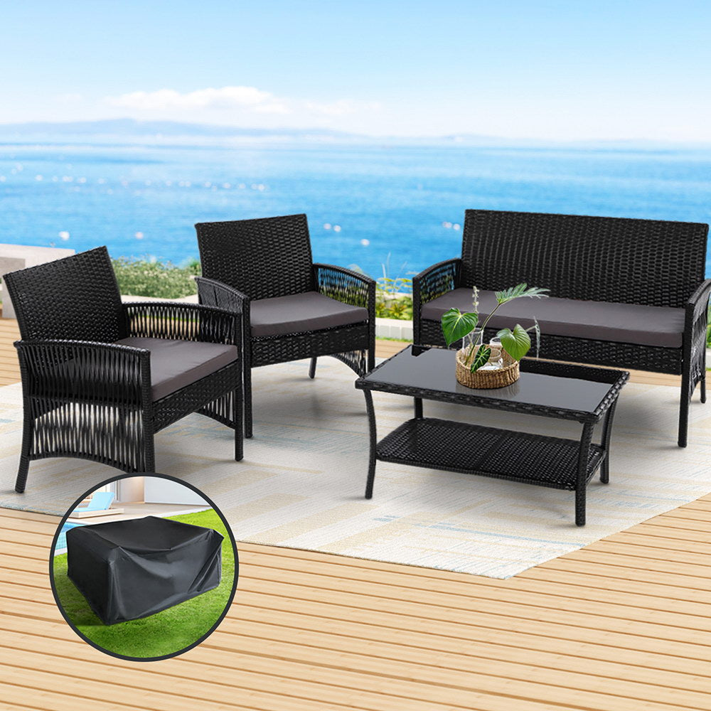 4-Piece Outdoor Sofa Set with Storage Cover - Wicker Harp Chairs & Table in Black - Perfect for Patio, Garden, or Poolside Relaxation