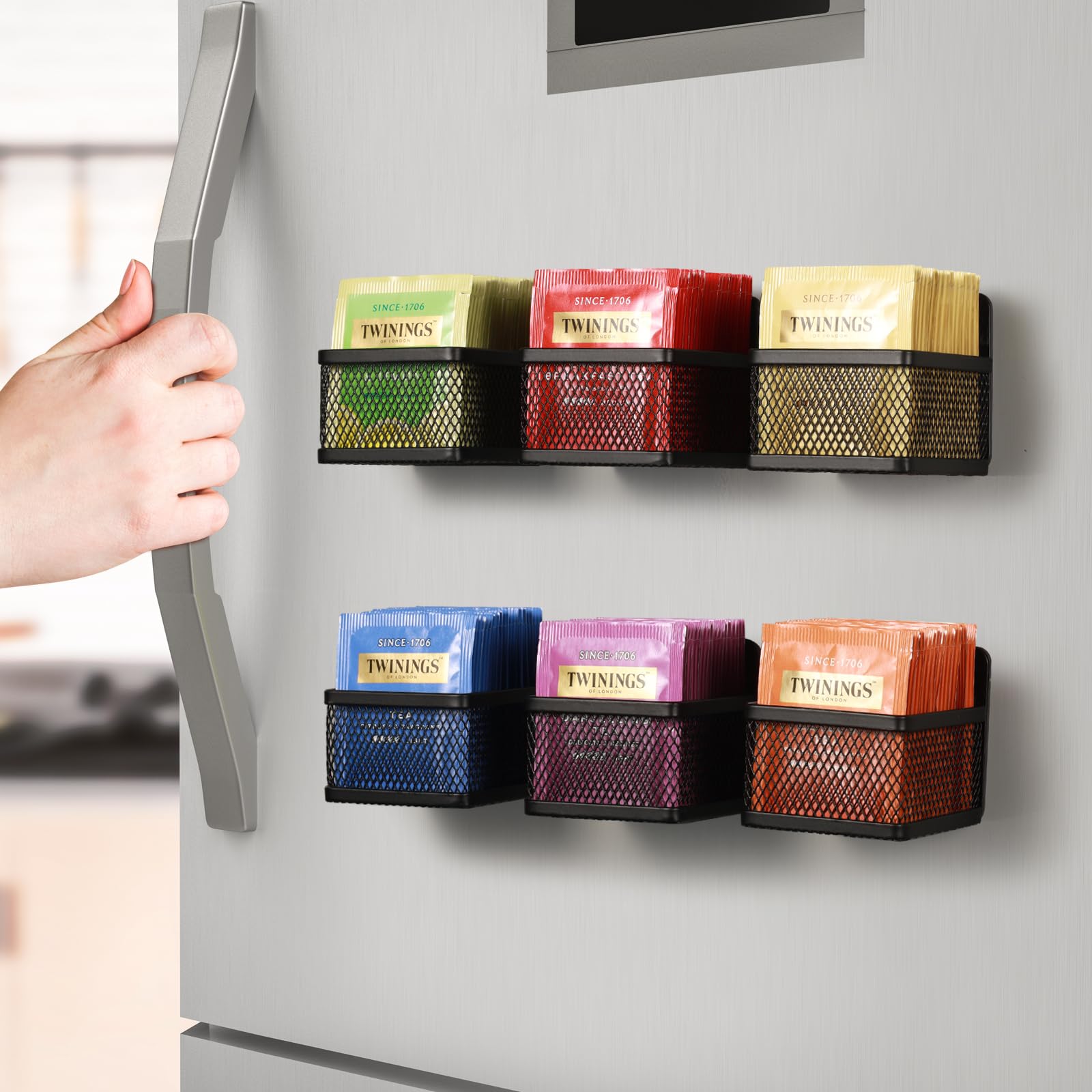 6-Piece Magnetic Tea Bag Organizer - Metal Tea Storage for Refrigerator, Kitchen Shelf & Countertop | Space-Saving & Stylish | Perfect for Tea Lovers, Small Kitchens & Organized Pantries