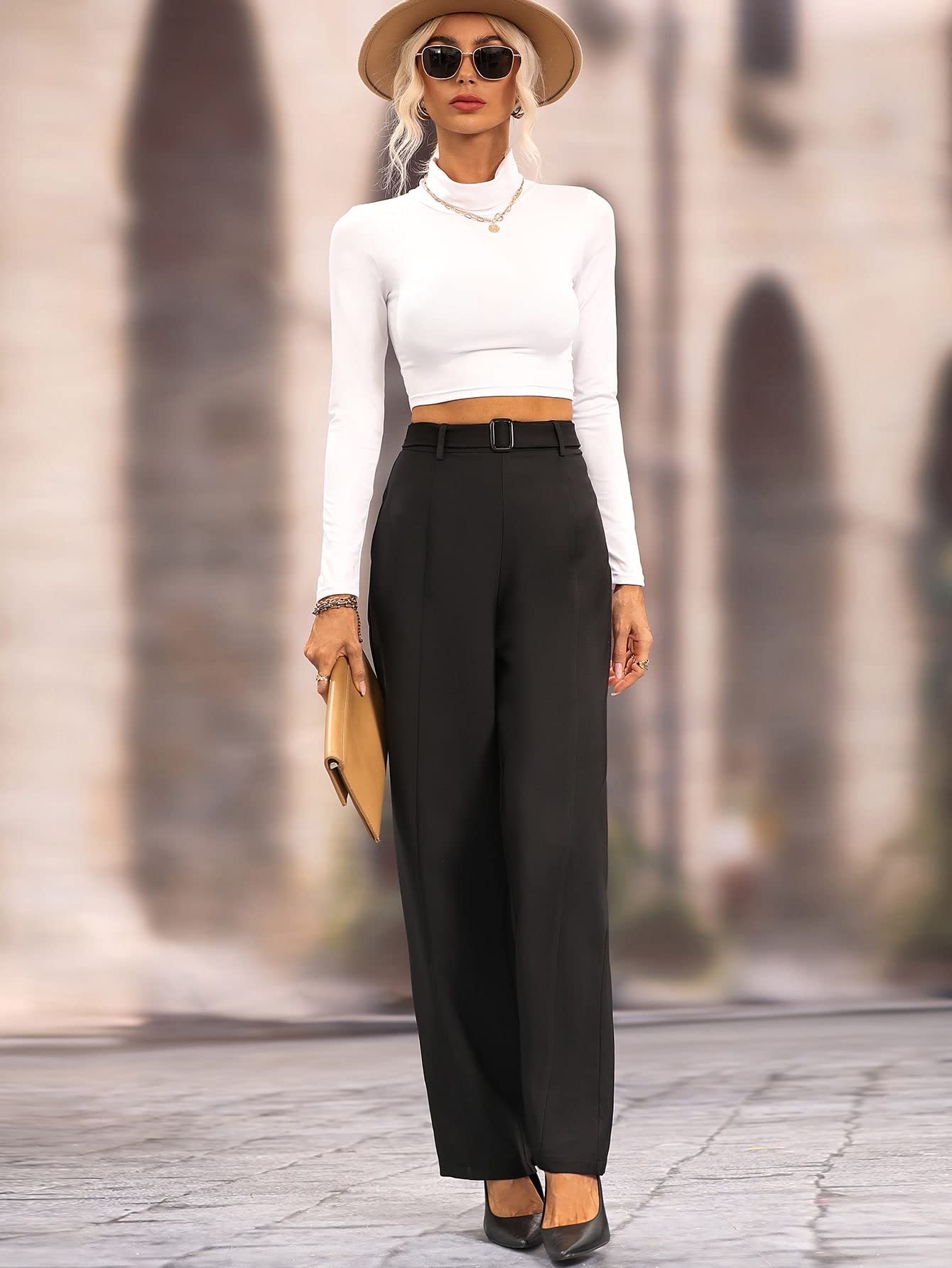 SweatyRocks Women's High Waist Belted Trousers - Elegant Straight Leg Office Pants for Business Casual & Professional Workwear | Perfect for Office, Meetings & Formal Events