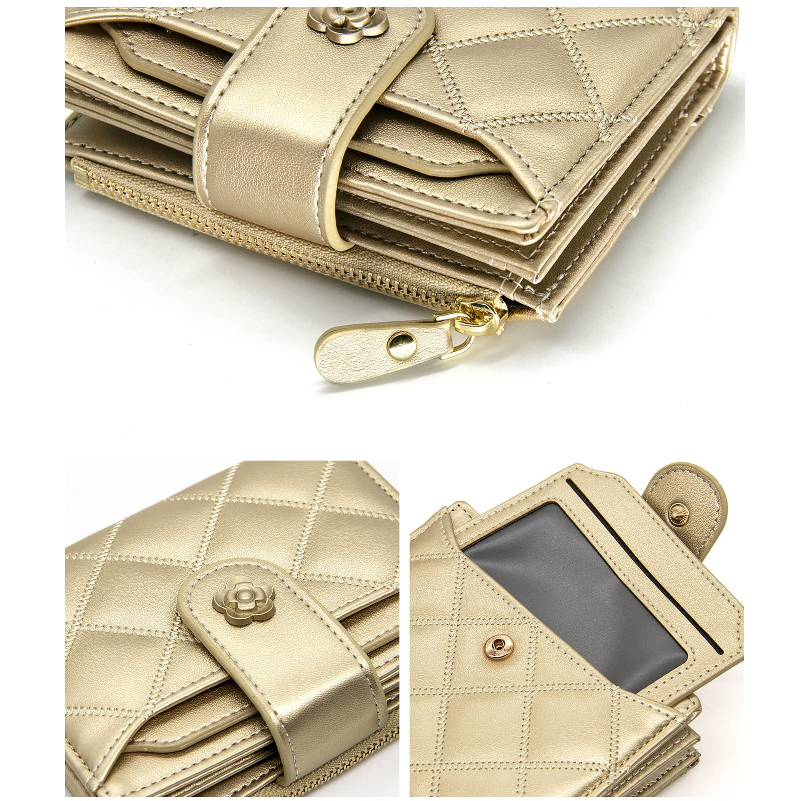 LJCZKA Vegan Leather Women's Wallet - RFID Blocking Bifold Card Holder with Zipper Pocket & ID Window for Cash, Coins & Cards (Gold) | Perfect for Travel, Shopping & Everyday Use