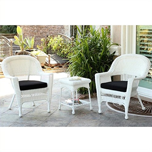 Carell Furniture 3-Piece White Wicker Patio Conversation Set with Black Cushions - Outdoor Garden, Poolside, or Backyard Seating for Relaxing and Entertaining