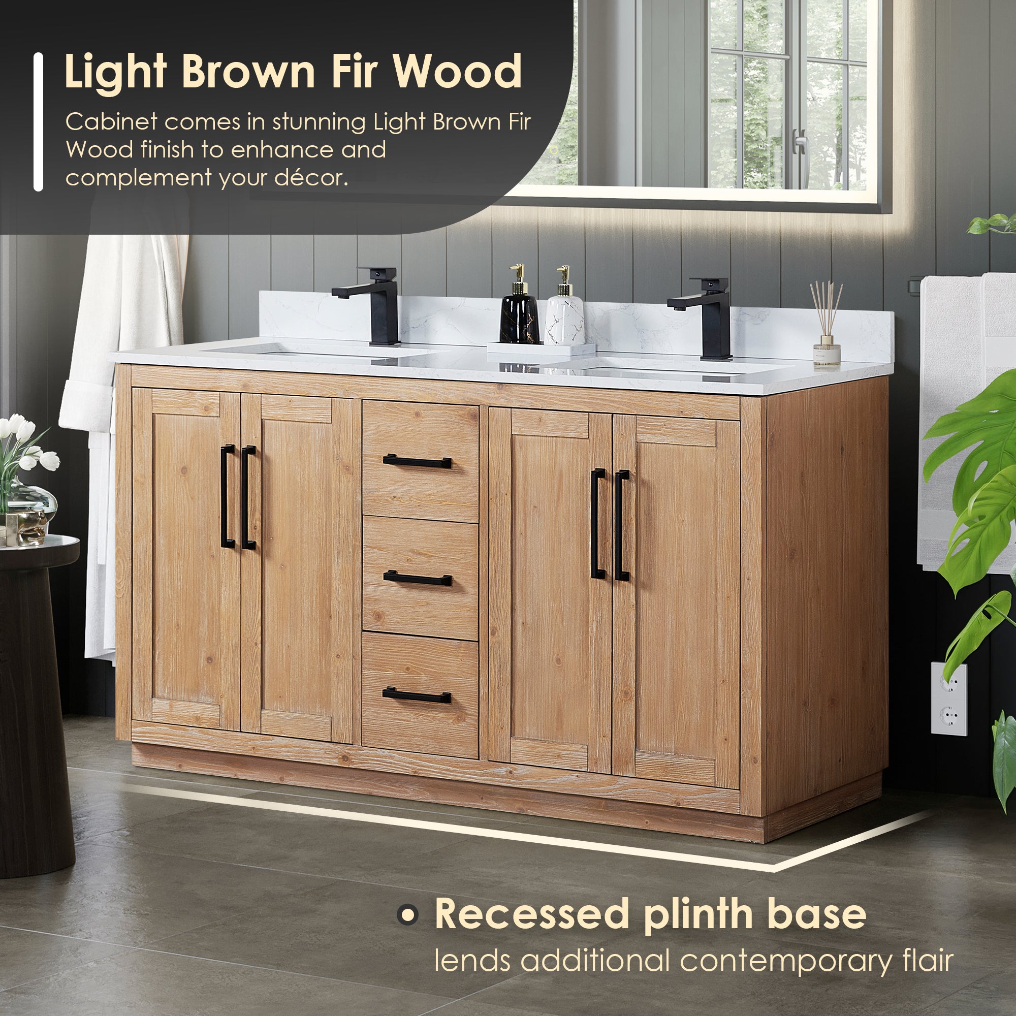 Light Brown Cicero 60 Double Bathroom Vanity with Engineered Stone Countertop - Perfect for Master Bathroom & Guest Bath Remodeling