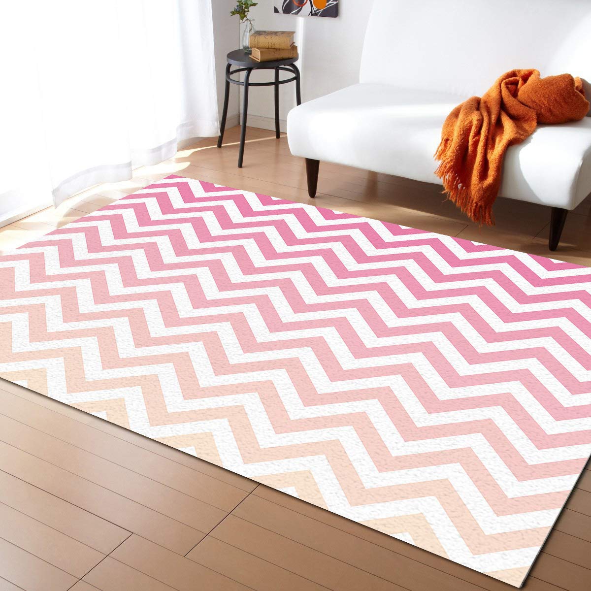 Soft Modern Chevron Pattern Area Rug 2.6' x 5' - Pink & Orange Nursery Rug for Kids Room, Bedroom, Living Room | Non-Slip Floor Carpet for Home Decor, Playroom & Dorm
