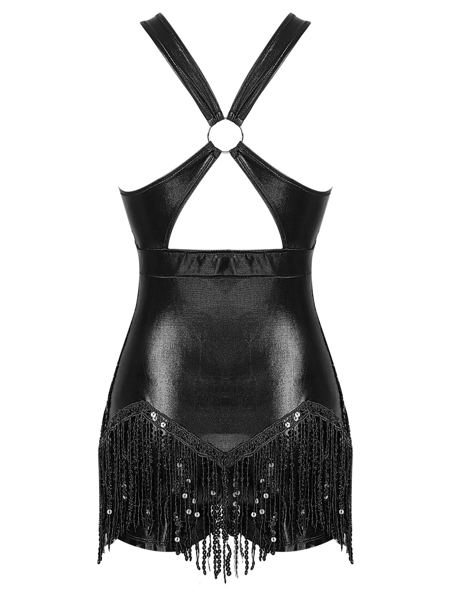 FEESHOW Women's Sequin Fringe Leotard - Shiny Tassel Latin Dance Costume, Jazz Dance Top Bodysuit for Salsa, Ballroom, Performance & Stage Wear
