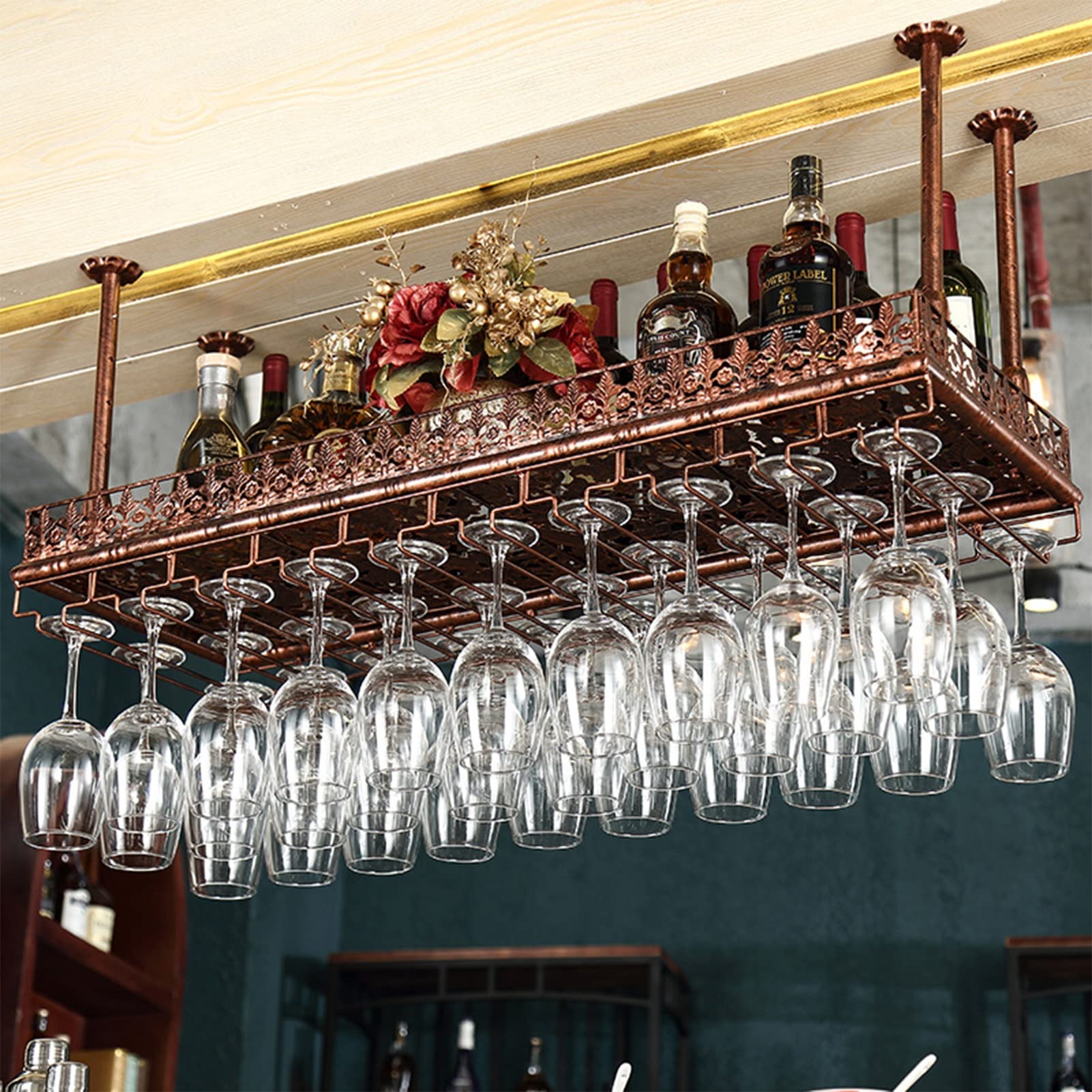 Vintage Iron Wine Bottle Holder - Adjustable Height Ceiling Hanger for Kitchen, Bar & Pub - European Style Cup Rack with Chain Connection - Perfect for Dining Room Storage & Decoration