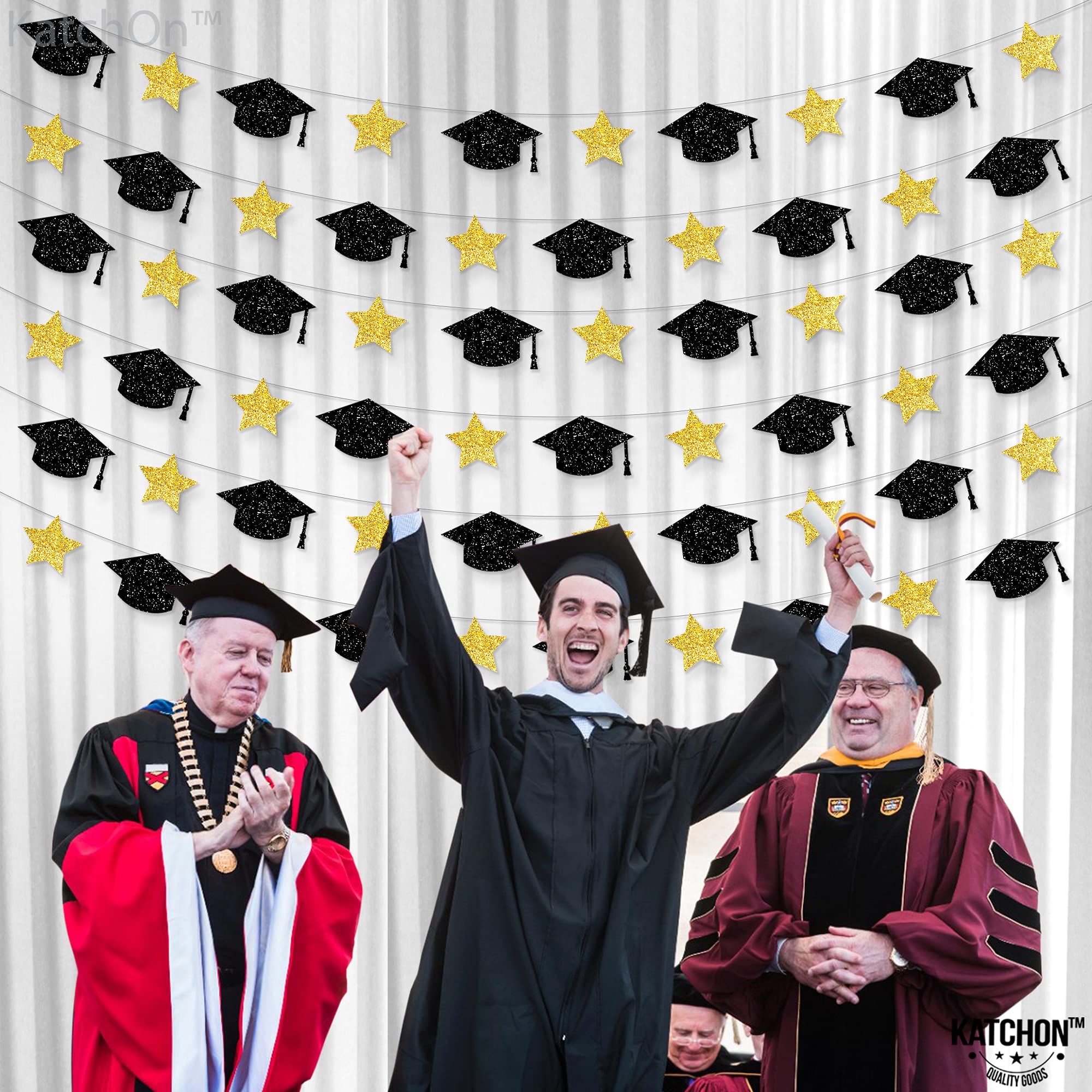 KatchOn Graduation Cap Garland - 10ft Black & Gold Class of 2025 Decor | No DIY Graduation Party Supplies for Wall Decor, Photo Backdrops & Ceremony Decorations