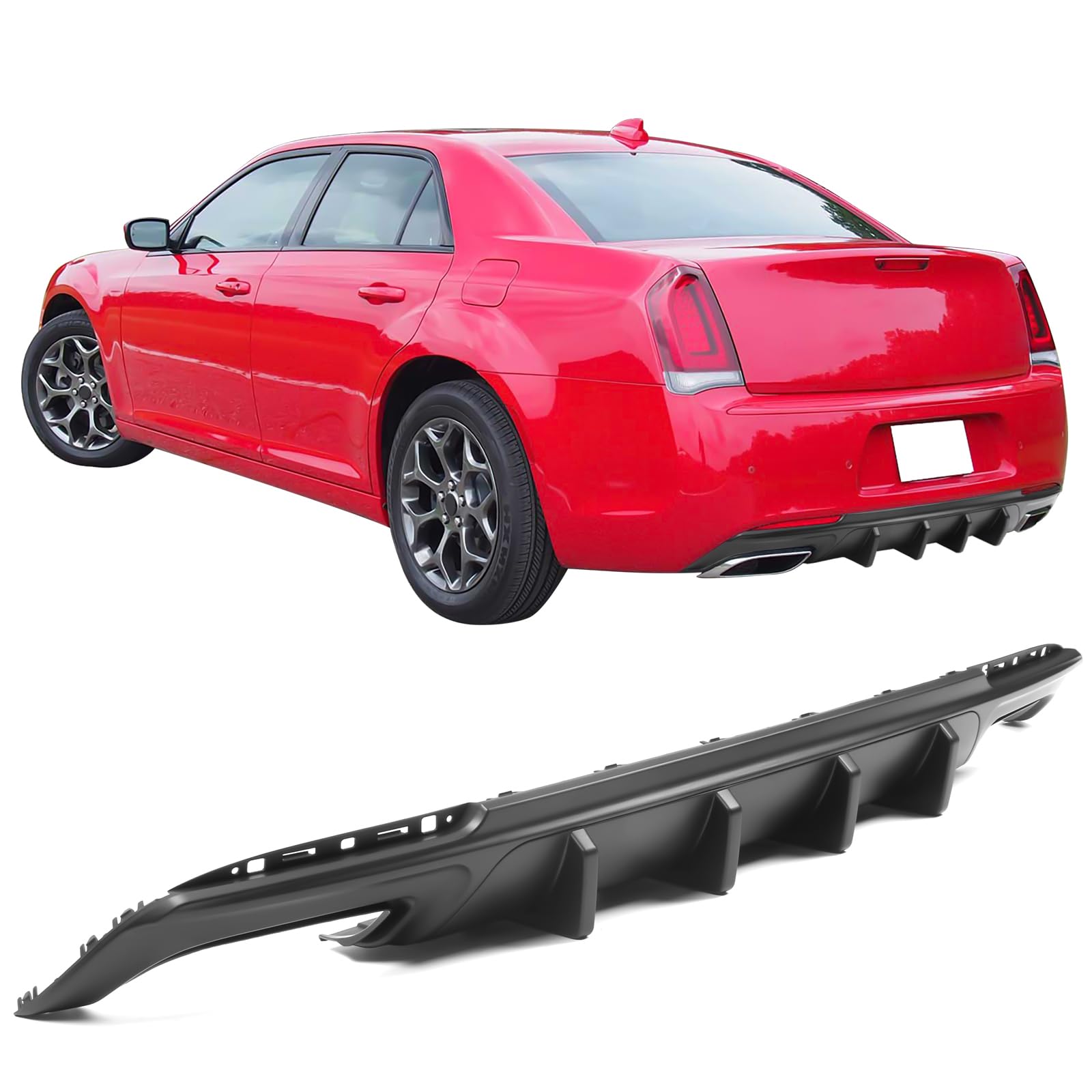 IKON MOTORSPORTS Rear Bumper Diffuser Lip for 2015-2023 Chrysler 300 - Matte Black PP V1 Style Lower Lip with Shark Fins (2-Piece Set) | Aggressive Styling Upgrade for Sedan Performance & Custom Look