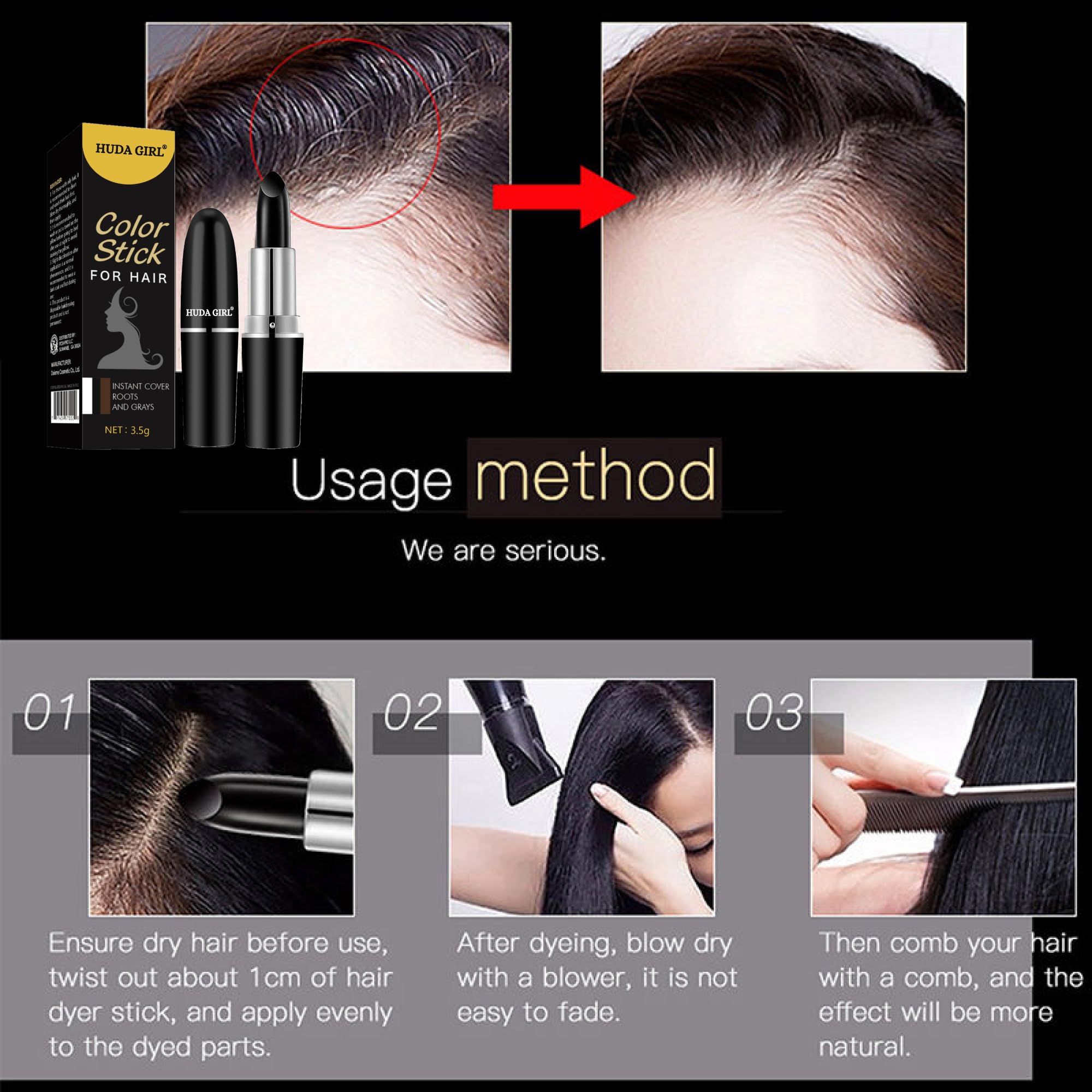 Huda Girl Natural Hair Color Root Touch Up for Grey Hair - Non-Toxic White Hair Coverage Dye Pencil for Men & Women (Black, 1 Count) - Quick & Easy Hair Root Concealer for Everyday Use, Travel & On-the-Go Touch Ups