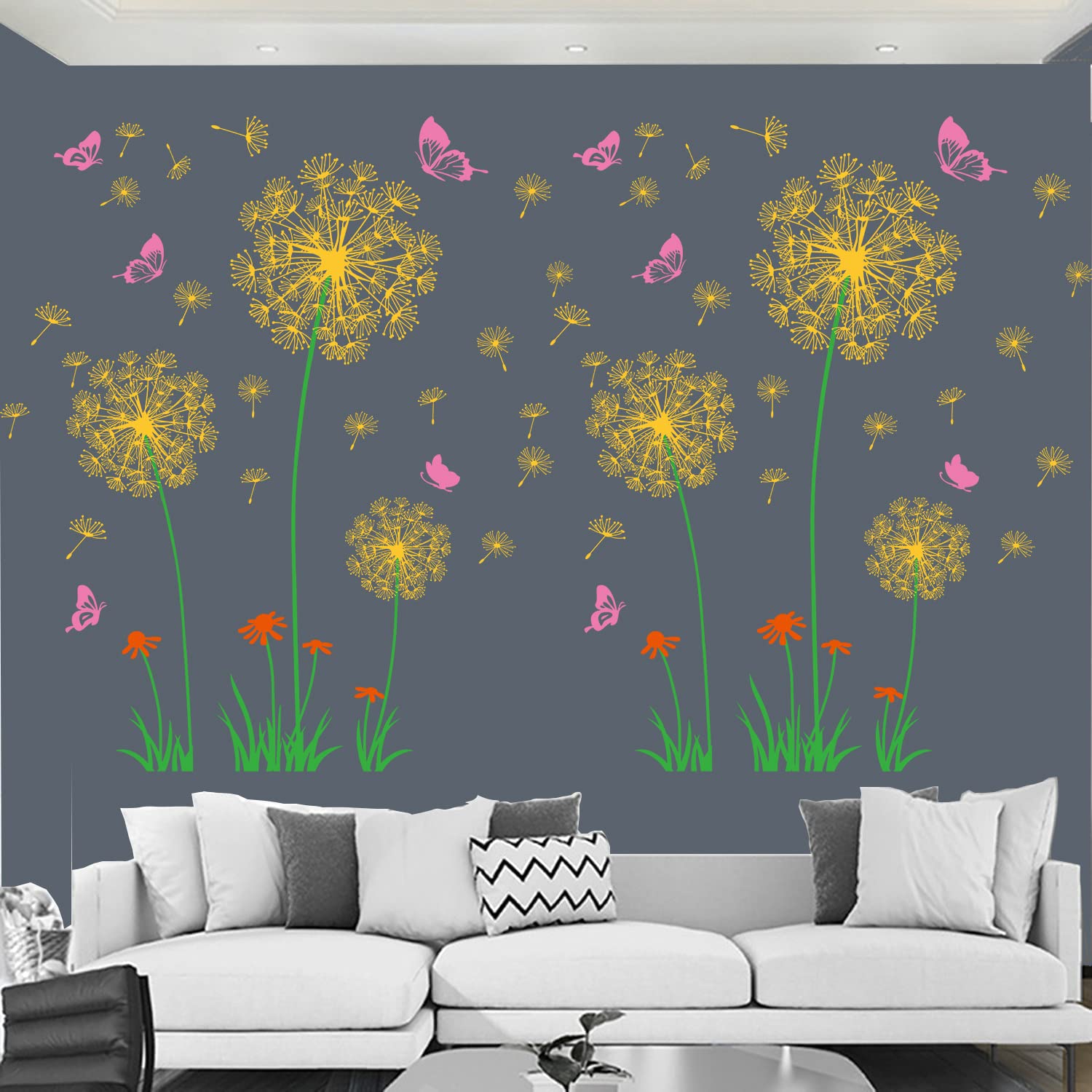 DIY Dandelion & Butterfly Wall Decals - 2 Sets Yellow Floral Stickers for Home Decor (11.81''x35.43'') - Perfect for Living Room, Bedroom, Staircase & Hallway Wall Art