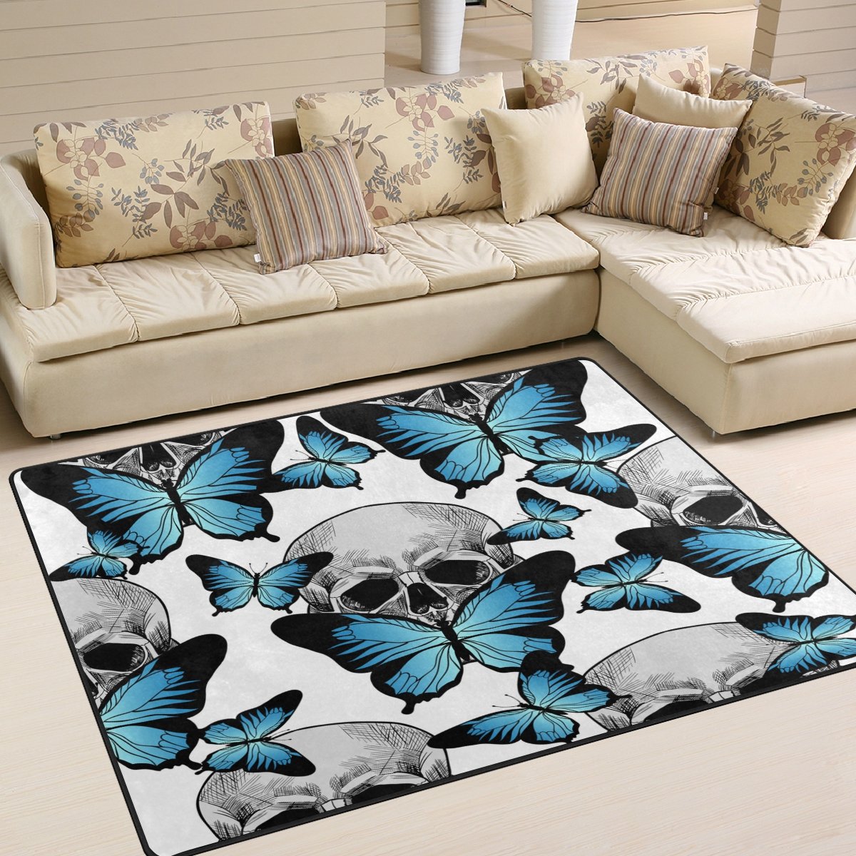ALAZA Sugar Skull Blue Butterfly Area Rug 5'3