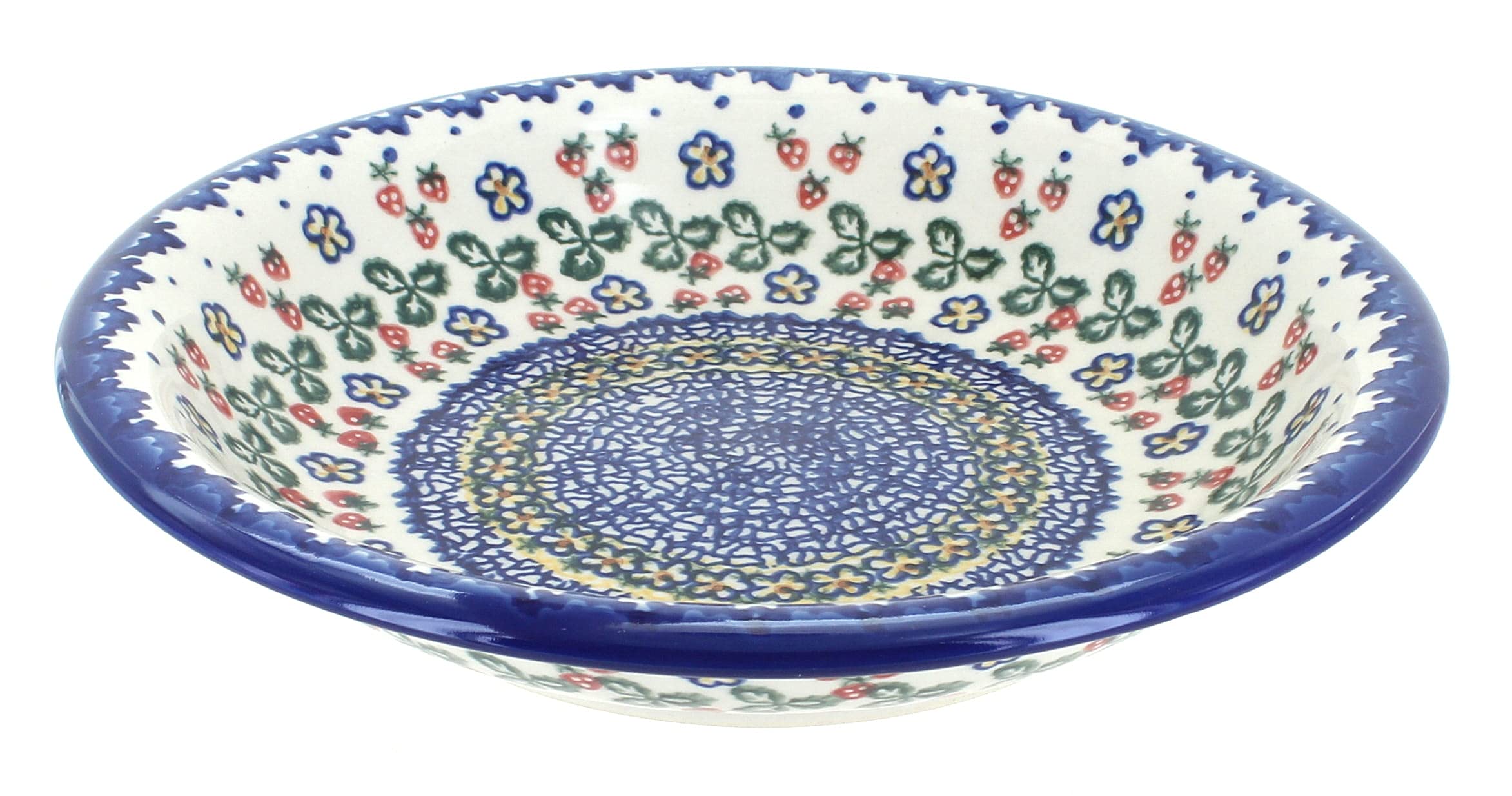 Hand-Painted Blue Rose Polish Pottery Strawberry Garden Soup Plate - Elegant Dinnerware for Home Decor, Gift Giving & Special Occasions