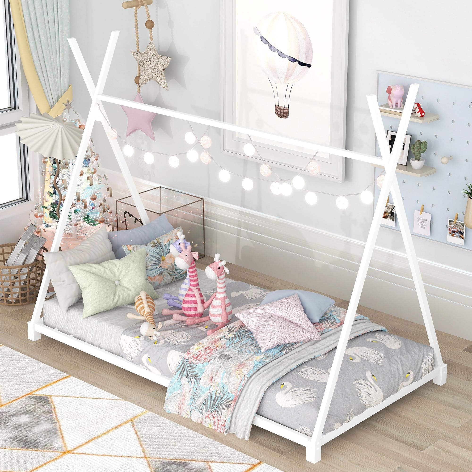Montessori Twin Floor Bed Frame with Slats & Triangle Structure - Sturdy White House Bed for Kids, Boys & Girls - Perfect for Montessori Bedrooms, Playrooms & Safe Toddler Sleep Spaces