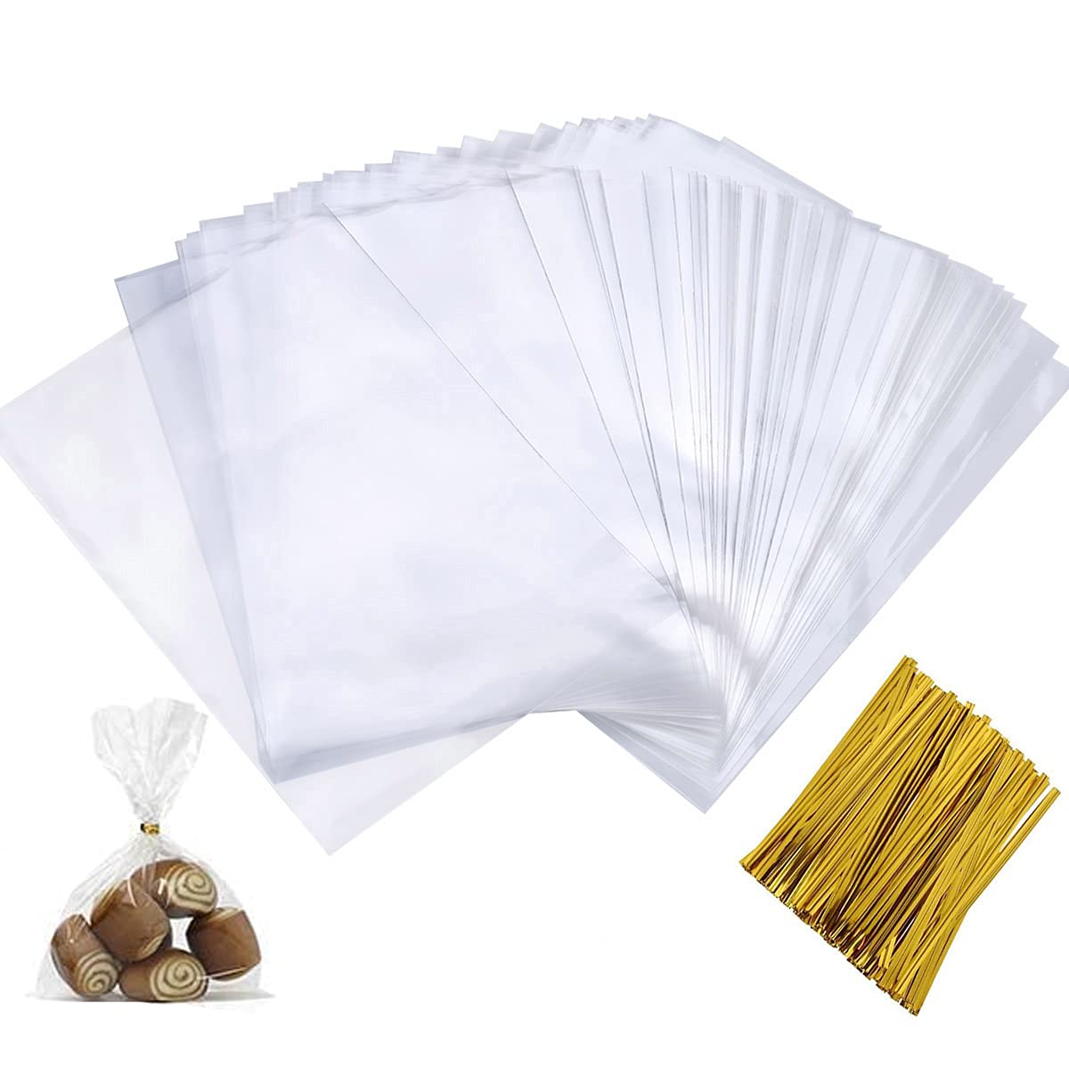 200 PCS Clear Cellophane Treat Bags with Metallic Twist Ties - 5x7 Inch Pretzel & Candy Bags for Party Favors, Birthday Gifts, Halloween Treats & Wedding Goodies - Perfect for Classroom Rewards, Baby Showers & Holiday Celebrations