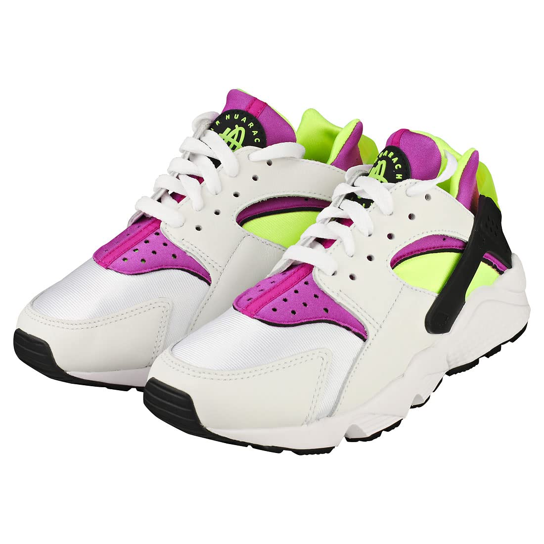 Nike Women's Air Huarache Running Shoes - White/Neon Yellow/Magenta - Size 5.5 - Lightweight Comfortable Sneakers for Jogging, Gym Workouts & Casual Wear