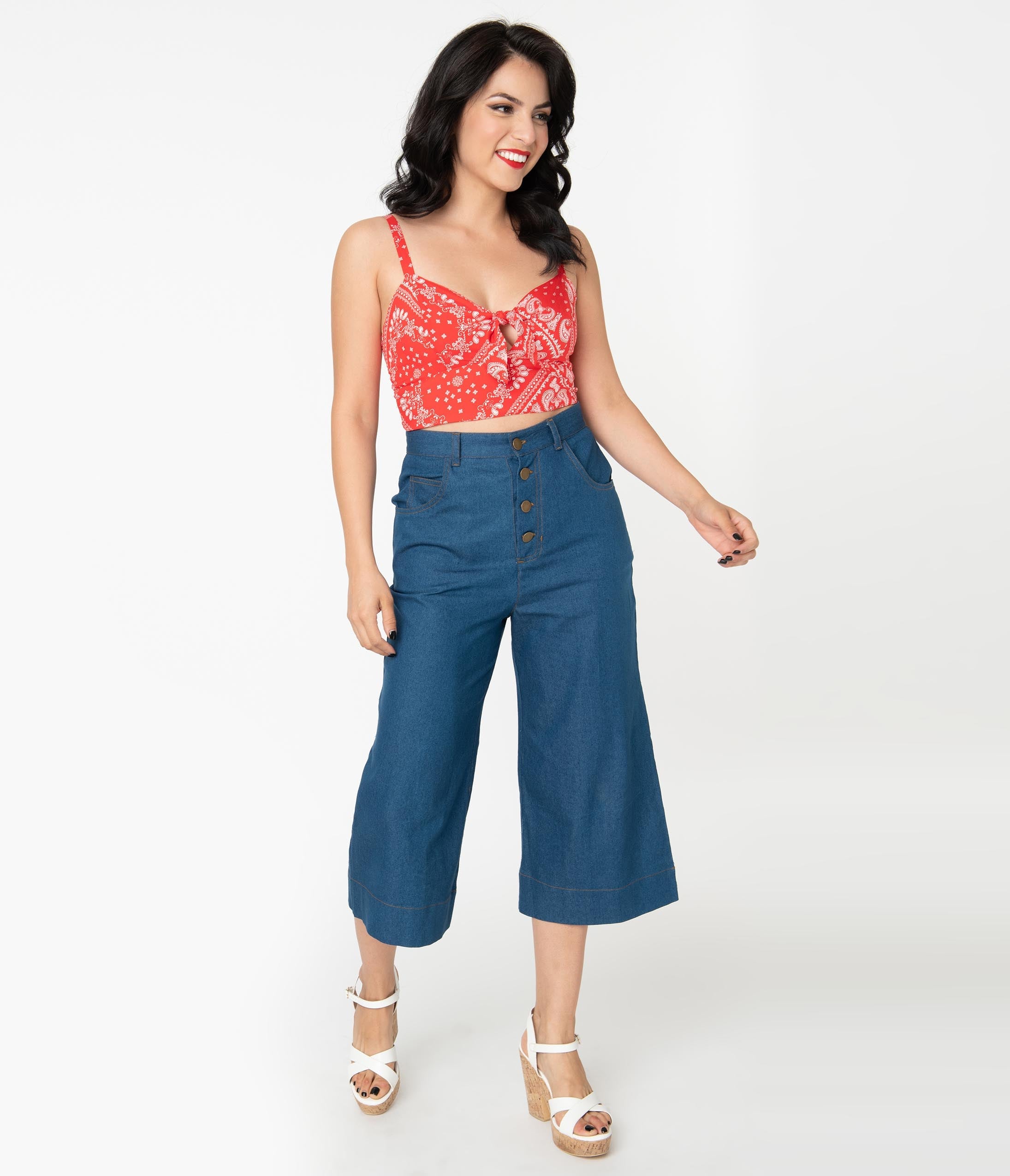 Vintage Denim Blue Chisholm Culottes - High Waisted Wide Leg Pants for Women | Perfect for Casual Outfits, Boho Style & Retro Fashion