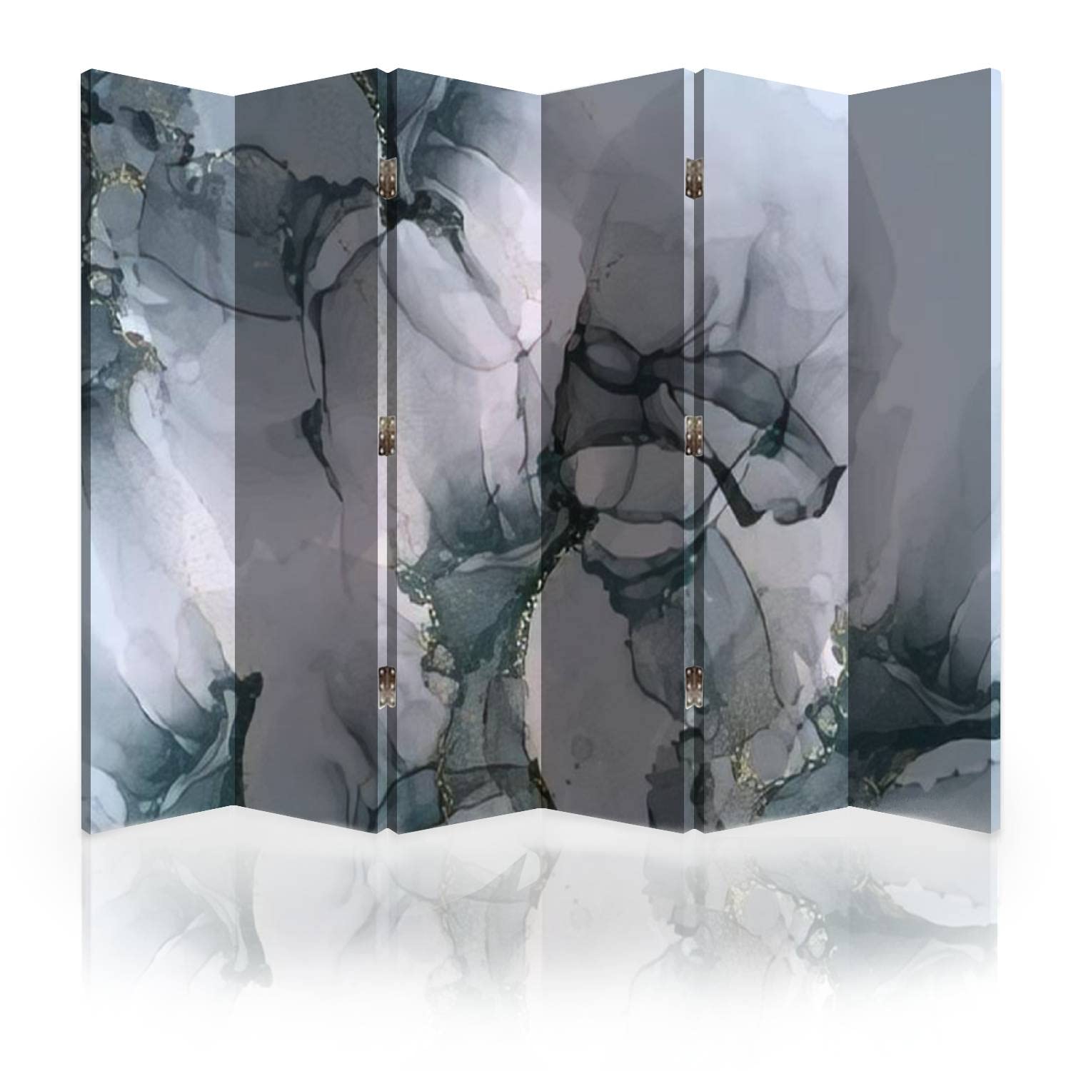 Trendy Black Canvas Room Divider Screen with Marble Liquid Ink Gradient - 6-Panel Folding Privacy Partition for Bedroom, Office & Living Space