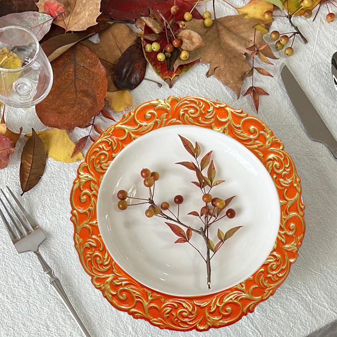 Gold Trimmed Orange Charger Plates - 13 Inch Elegant Plastic Dinner Plates for Wedding, Party & Formal Table Setting - Set of 6 - Perfect for Holiday Dinners, Buffet Displays & Upscale Events