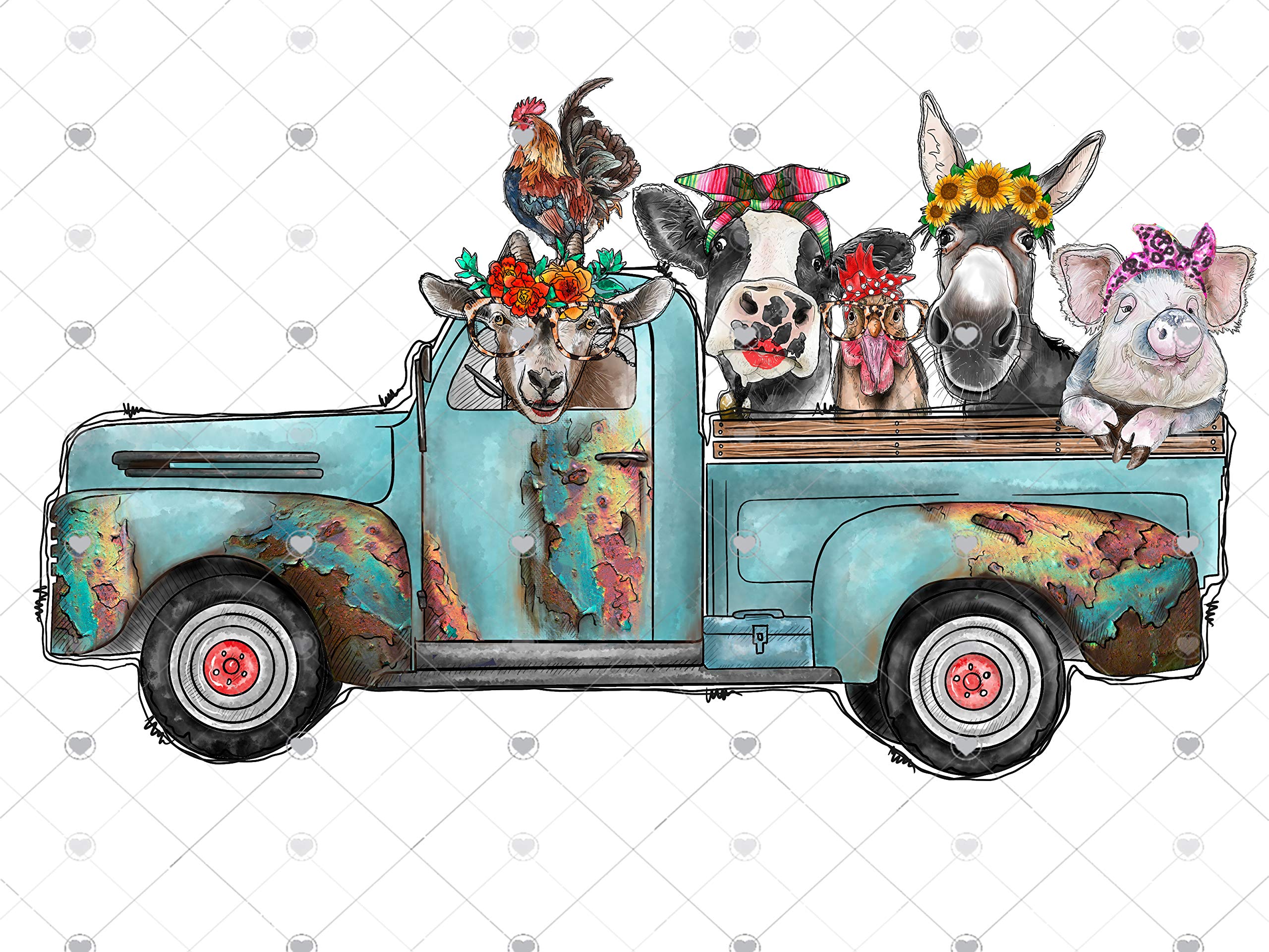 Farm Animals Teal Truck Sublimation Transfer - Ready to Press Heat Transfer Vinyl - Pig, Chicken, Cow, Goat, Donkey Design - Cute Animals with Headbands - DIY T-Shirt, Tote Bag, Mug Decoration for Kids & Adults