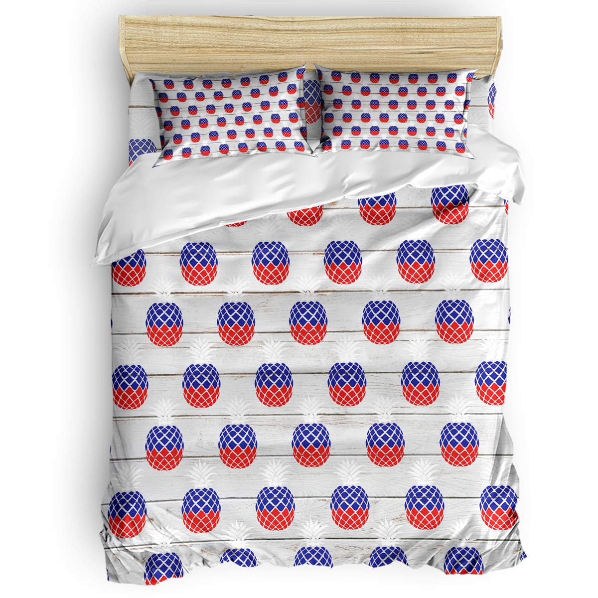 PartyShow 4-Piece American Flag Pineapple Bedding Set - Queen Size Wood Grain Comforter Cover with 2 Pillowcases for Kids' Bedroom | Patriotic Themed Bed Sheets for Boys & Girls | Perfect for 4th of July Decor & Teen Room Makeovers