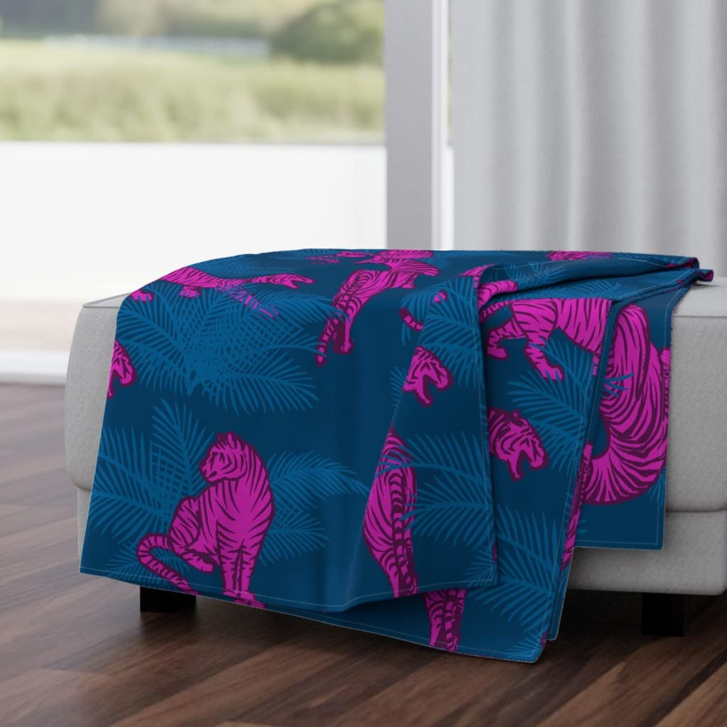 Luxe Velvet Throw Blanket 50x70 Inches - Maximalist Jungle Tigers Print in Fuchsia & Blue | Soft Cozy Blanket for Couch, Bed, Sofa | Animal Print Home Decor Gift