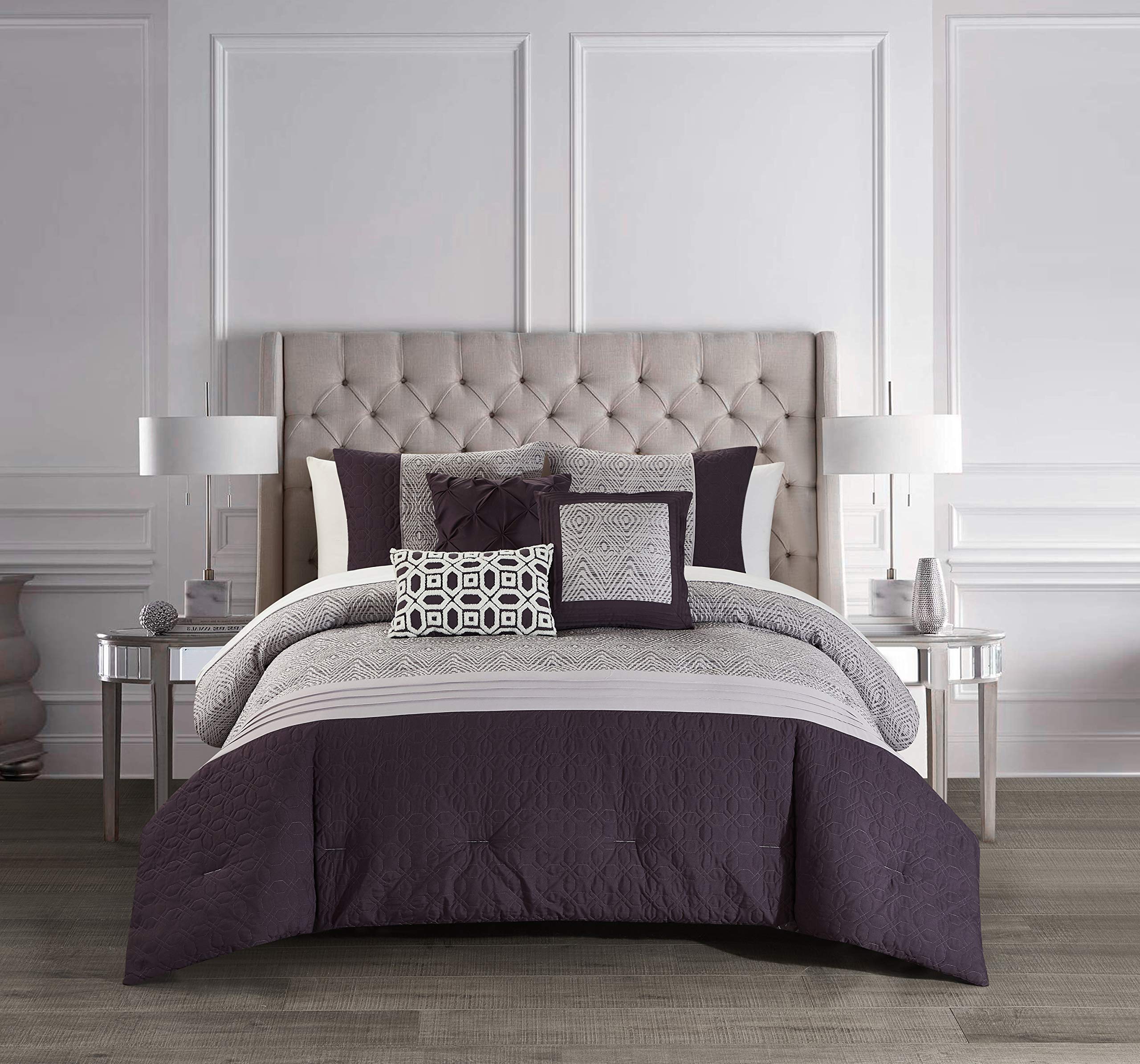 Chic Home Imani 10-Piece King Comforter Set - Jacquard Geometric Diamond Pattern Bedding with Color Block Design | Includes Sheet Set, Decorative Pillows & Shams | Plum Purple Luxury Bed in a Bag for Master Bedroom Decor