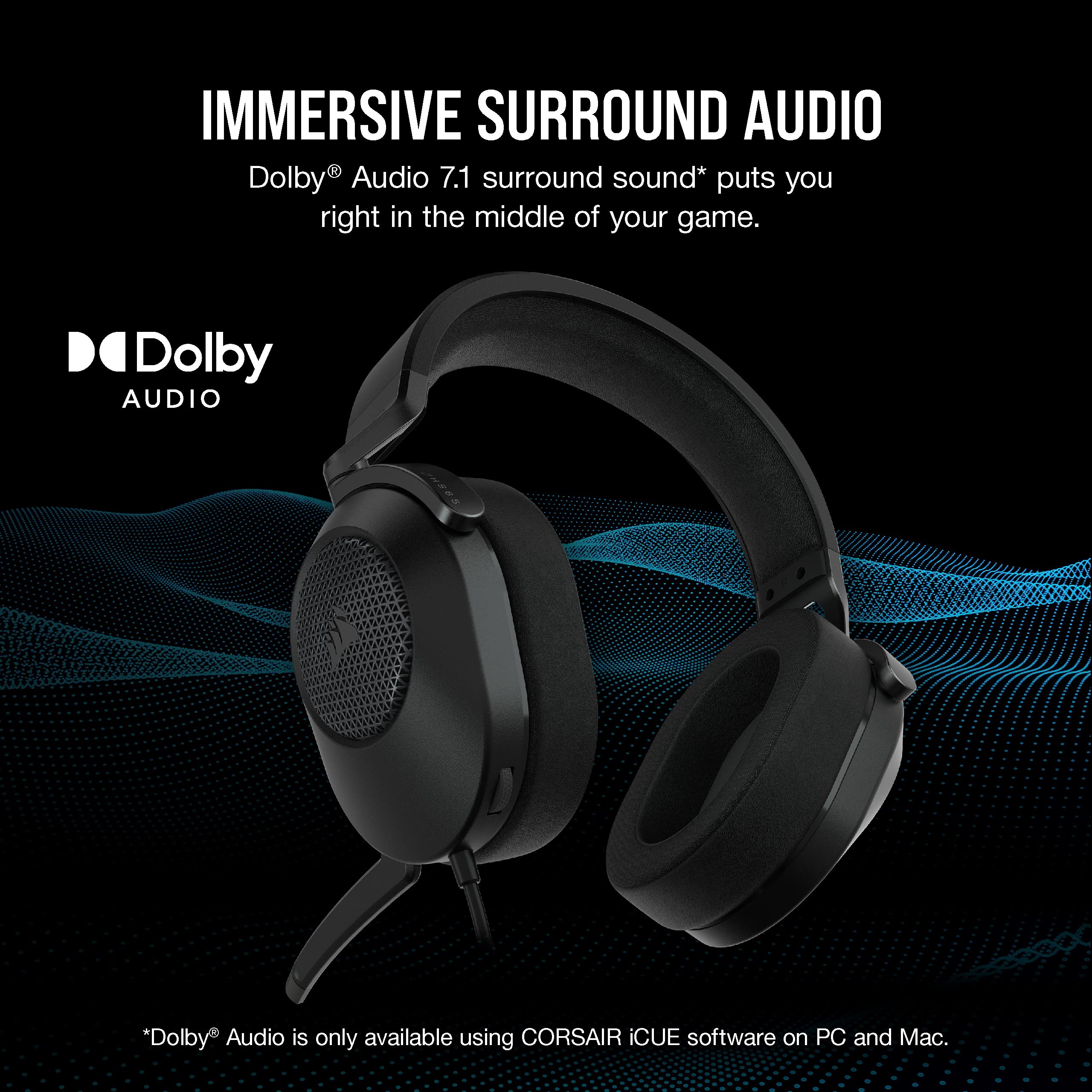 CORSAIR HS65 SURROUND Wired Gaming Headset with Dolby Atmos & SoundID – Multiplatform Compatible (PC, Mac, PS5, PS4, Xbox, Switch, Mobile) – Carbon Black – Perfect for Competitive Gaming & Immersive Entertainment