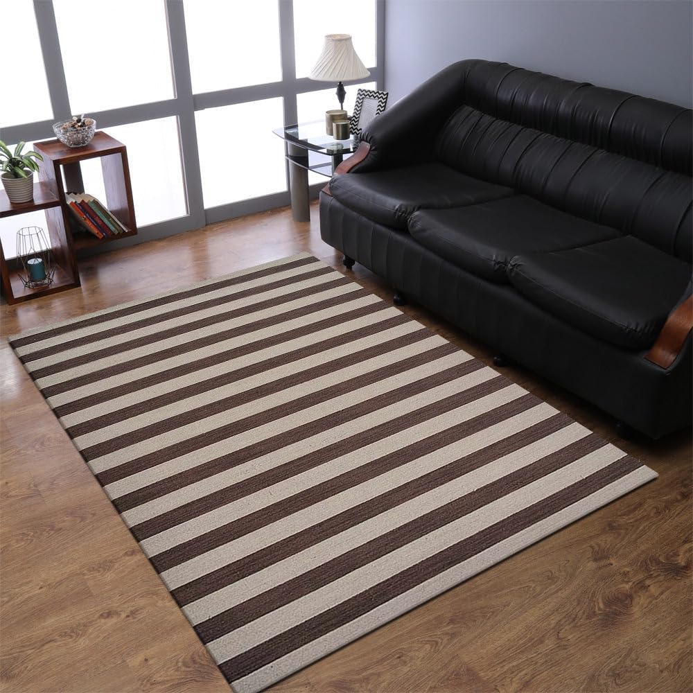 Handwoven Flat Weave Kilim Wool Eco-Friendly Area Rug - 8'x10' Rectangle Cream Brown Contemporary Modern Low Pile Carpet for Living Room, Bedroom & Dining Room | D00107 | Rugsotic Carpets