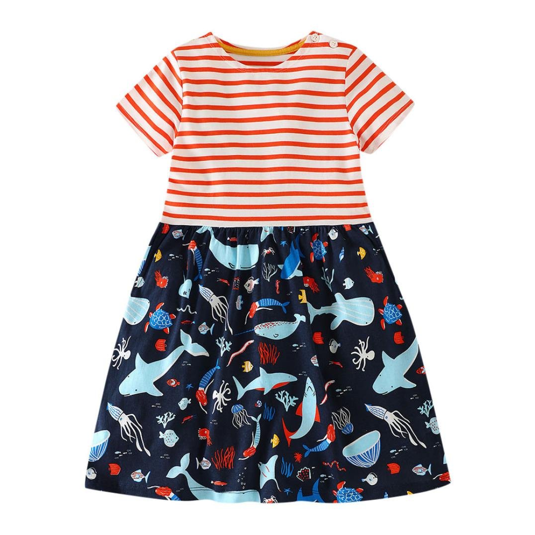 Veepola Girls' Cartoon Ocean Animals Print Striped Casual Dress - Perfect for Playdates, Beach Outings & Summer Parties
