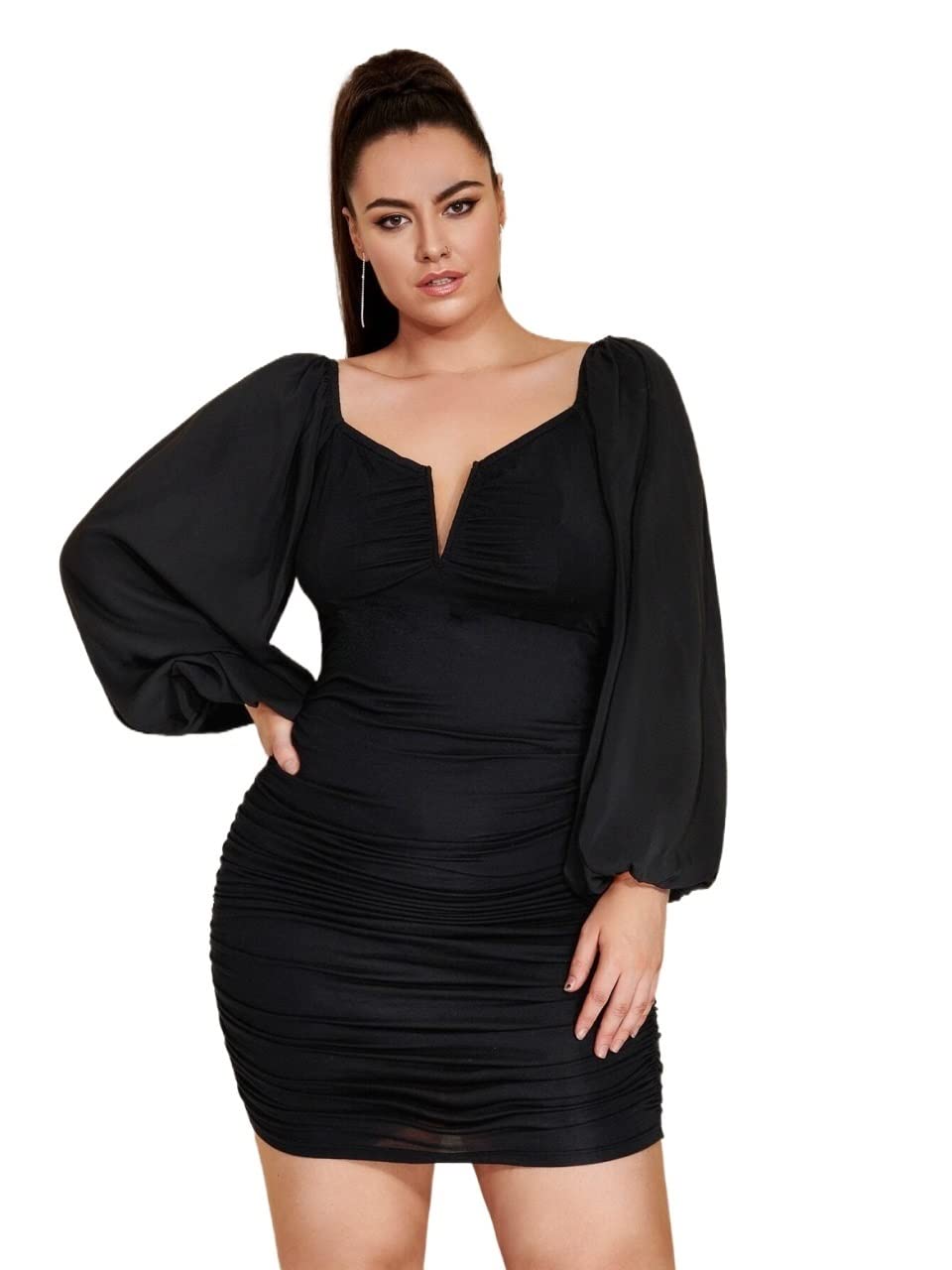 INOUJEKER Plus Size Bodycon Dress for Women - Ruched Wired Lantern Sleeve Midi Dress (Black, 0XL) | Perfect for Parties, Date Nights & Special Occasions