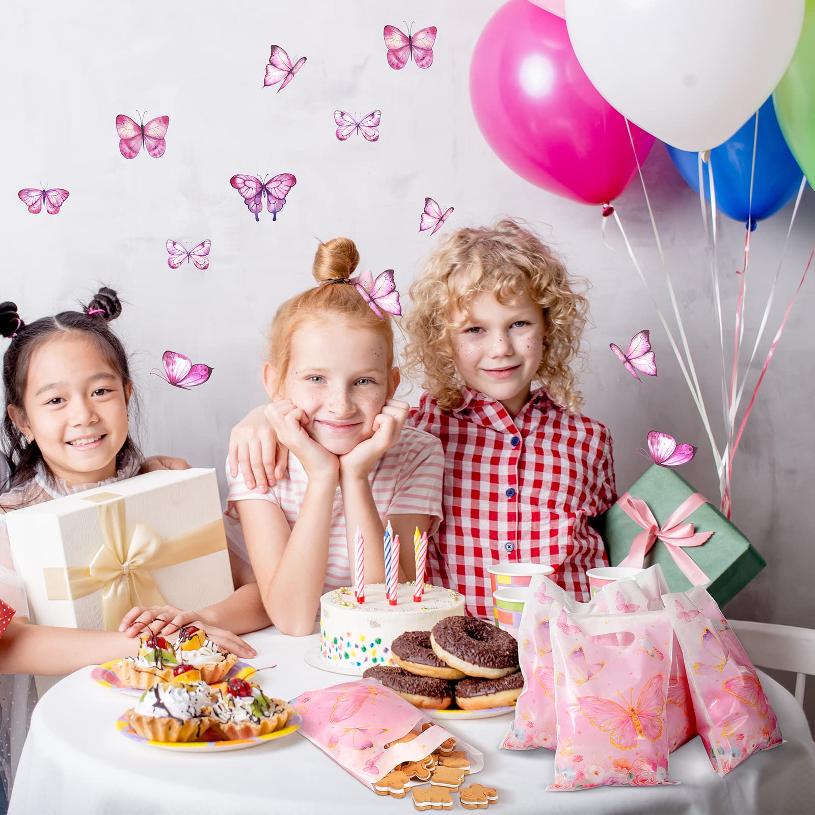 50 Pcs Pink Butterfly Gift Bags - Small Plastic Candy Bags with Die-Cut Handles for Birthday Party Favors, Spring & Summer Themed Events, Baby Showers & Wedding Decorations (7x10 Inches) - Perfect for Easter, Bridal Showers, Kids Parties & Gift Wrapping Supplies