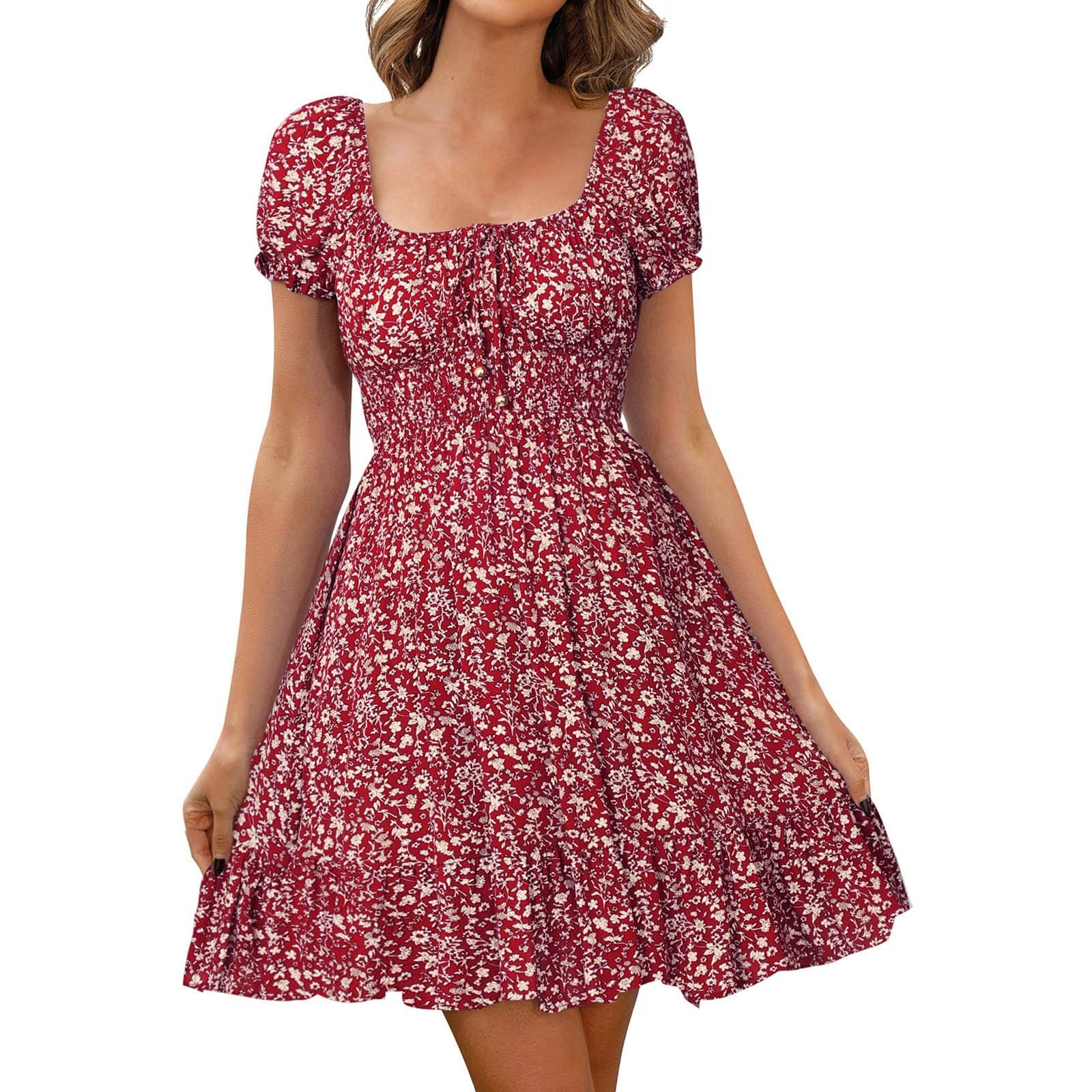 Women's Floral Print Summer Dress - High Waist Retro Puff Sleeve Tunic for Casual Wear | Irish Style Sexy Dress for Beach, Party & Vacation Outfits
