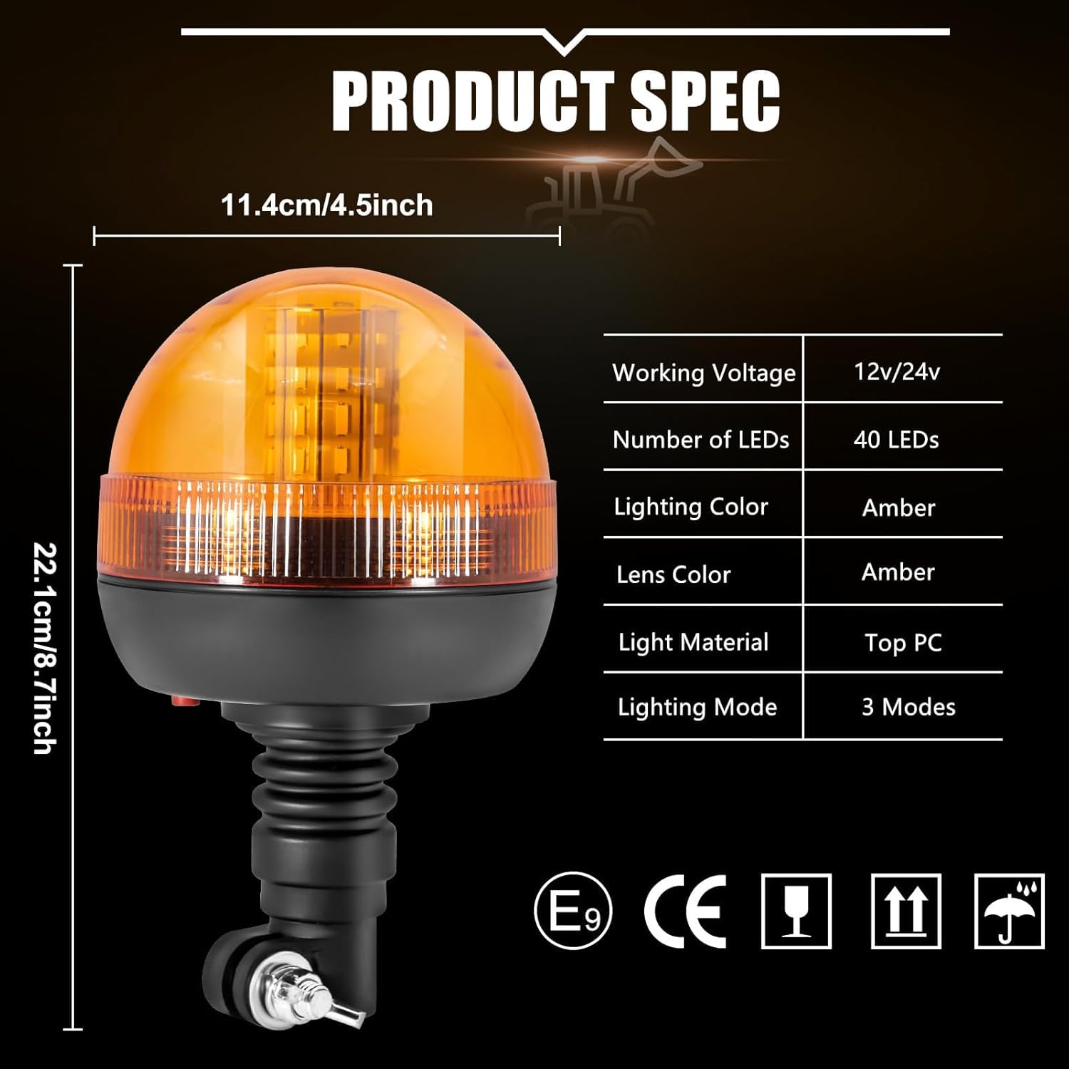 Amber LED Rotating Warning Light - Heavy Duty Emergency Strobe Beacon for Trucks, Construction Vehicles & Snow Plows | Pole Mount Hazard Light for Road Safety & Work Zones