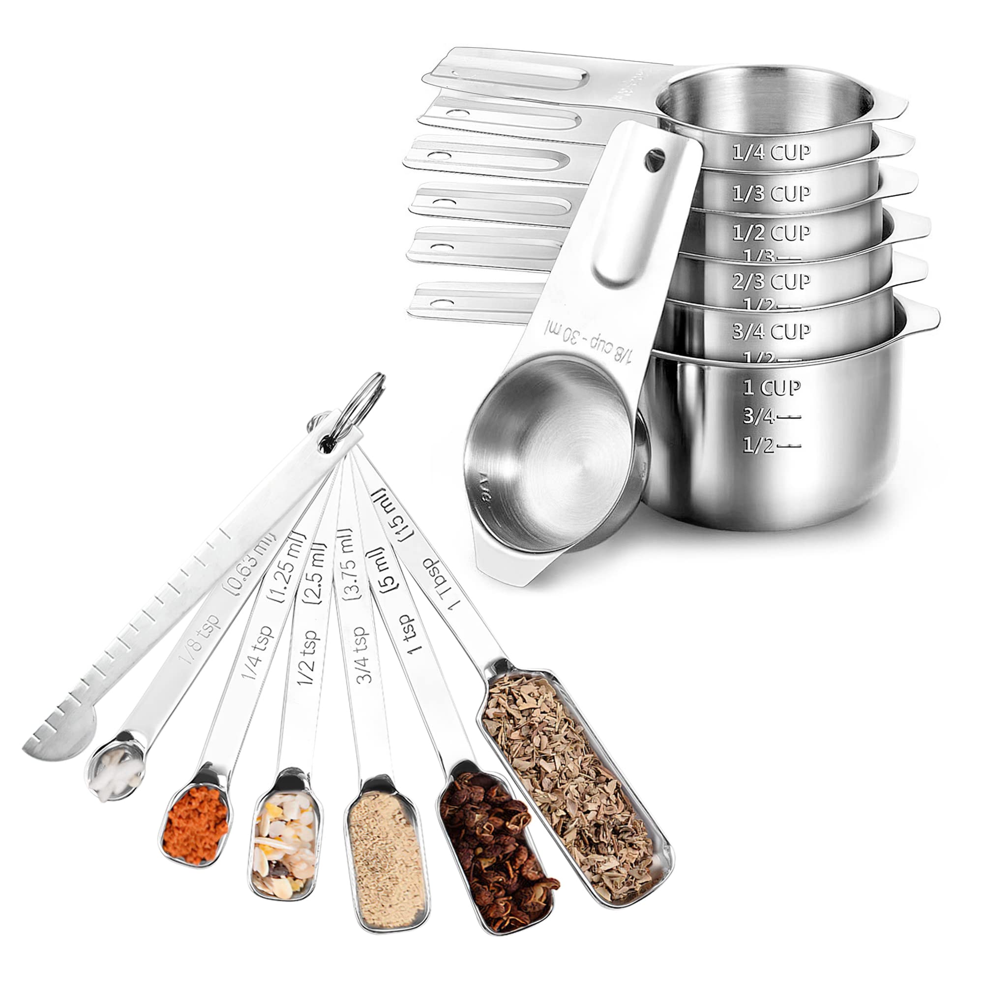 Premium 14-Piece Stainless Steel Measuring Cups and Spoons Set - Stackable Kitchen Measuring Spoons & Cups with Long Handles for Baking, Cooking, Spices - Ideal for Dry & Liquid Ingredients, Perfect for Home Chefs & Professional Bakers